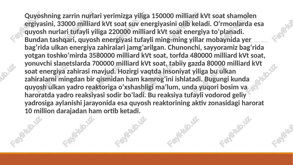 bo‘lmasa shamol generatorlaridan foydalanish maqsadga muvofiqdir. shamol elektrogeneratorlari an’anaviy generatorlardan 2 – 4 barobar qimmatdir. ammo shamol energiyasi doimiy bo‘lgan ba’zi bir regionlarda u muxim energiya manbalaridan hisoblanadi. ko‘pgina shamol generatorlari sekundiga 3-4 m/s dan yuqori tezlikdagi shamol yordamida ishlaydi. shamol generatorlari 8-25 m/s tezlikda esadigan shamol yordamida maksimallquvvatga egabo‘ladi. odatda shamol generatorlarining maksimal ishlash tezligi 25-30 m/s ni tashkil qiladi. shamol energetikasi ekalogik toza energiya manbaidir. ammo shamol elektrostansiyalari uchun juda katta hududlar zarur (shamol energetik qurilmalarining bir – biridan uzoqda joylashishi va ular orasidagi masofa ish g‘ildiragi diametrining 6- 18 barobariga teng bo‘lishi kerak). masalan, ish g‘ildiragi d = 100 m bo‘lgan shamol energetik qurilmasi uchun 5-7 km2hudud kerak. butun boshli shamol elektr stansiyasi uchun esa o‘nlab km2 hudud zarur. boshqa bir noqulay tarafi – ish g‘ildiragi shovqin chiqarib va havoni tebratib ishlashi natijasida tele- va radio eshittirishlarga xalaqit beriladi. shamol energiyasidan foydalanish bo‘yicha germaniya birinchi o‘rnini egallab …