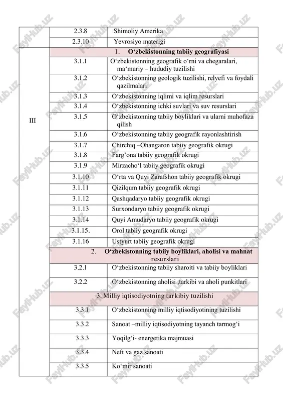 tisodiy rayoni 3.4.3 mirzacho‘l iqtisodiy rayoni 3.4.4 farg‘ona iqtisodiy rayoni 3.4.5 zarafshon iqtisodiy rayoni 3.4.6 janubiy iqtisodiy rayoni 3.4.7 quyi amudaryo iqtisodiy rayoni iv 1. jahoning siyosiy xarita 4.1.1 jahonning siyosiy xaritasi 4.1.2 jahon mamlakatlarining ijtimoiy-iqtimoiy rivojlanganligi bo‘yicha tasnif 4.1.3 mamlakatlarning boshqaruv shakli va davlat tuzilishi 2. jahon tabiiy resurslari 4.2.1 dunyoning tabiiy resurslari 4.2.2 mineral resurslar geografiyasi 4.2.3 tugamaydigan va tiklanadigan tabiiy resurslar geografiyasi 4.2.4 global ekologik muammolar 2. jahon aholisi 4.3.1 dunyo aholisining soni, o‘sish va joylashishi 4.3.2 jahon aholisining yosh-jins va irqiy tarkibi 4.3.3 dunyo aholisining etnik va diniy tarkibi 4.3.4 jahon mamlakatlarining urbanizatsiyasi 3. jahon xo‘jaligi geografiyasi 4.4.1 jahon xo‘jaligi va xalqaro mehnat taqsimoti 4.4.2 jahon iqtisodiyotining markazlari va xalqaro integratsiyasi jarayonlari 4.4.3 jahon energetikasi geografiyasi 4.4.4 jahon sanoati geografiyasi va uning o‘zgarib borishini o‘rganish 4.4.5 jahon metallurgiya va kimyo sanoati geografiyasi 4.4.6 jahon mashinasozlik va yengil sanoat geografiyasi 4.4.7 jahon qishloq xo‘jaligi geografiyasi 4.4.8 jahon …