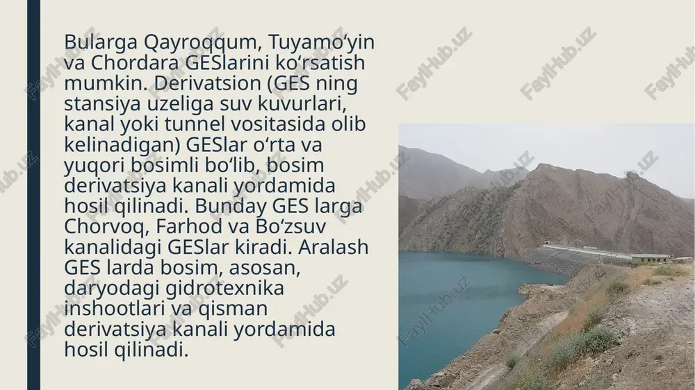 stansiya (kes), issiqlik elektr markazi (tets), atom elektr stansiya (aes) bilan bir tizimda ishlaydi. bunda energosistemadagi nagruzka grafigini qoplashda qatnashishiga qarab ges bazisli, koʻp energiya talab qiladigan (tigʻiz) vaqtlarida ishlaydigan boʻlishi mumkin. geslar elektr energiya berish bilan birga daryo oʻzanini loyqalanishdan asraydi, koʻplab ekin maydonlarini sugʻorishga imkon beradi ges suv energiyasini elektr energiyasiga aylantirib beradi. uning ish asoslarini o’rganuvchi fan gidravlika deb nomlanadi, u o’z ichiga gidrostatika (suyuqliklarni muvozanat holatlari) va gidrodinamikani (suyuqliklarni harakatlarini) oladi, kesilish suv oqimining quvvati - ma’lum tabaqa orqali oqayotgan, suv sarifi q qurilgan to’g’on suv havzasining yuqori oqim balandligi va past oqim balandliklari orqali ifodalanadi. yuqori va past havzalar darajalarning farqi tayziq deb ataladi. oqimning tabaqadagi quvvvatini (kvt) sarf (m3/s) va tayziq (m) orqali hisoblashimiz mumkin. image1.jpeg image2.jpeg image3.jpeg image4.jpeg image5.jpeg image6.jpeg image7.jpeg image8.jpeg /docprops/thumbnail.jpeg
