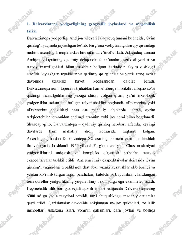 ilmiy jihatdan hujjatlashtirildi. natijada dalvarzintepa chust madaniyatining eng yirik va kompleks o‘rganilgan manzilgohlaridan biri sifatida ilmiy adabiyotlarda mustahkam o‘rin egalladi. 2. dalvarzintepadagi so‘nggi jez davriga oid madaniy qatlamlar va xo‘jalik hayoti dalvarzintepa so‘nggi jez davriga mansub qalin madaniy qatlamga ega bo‘lib, u uch asosiy qurilish qavatiga bo‘lingan. har bir qavat o‘ziga xos rejalashtirish, me’moriy yechim va xo‘jalik inshootlari bilan ajralib turadi. bu qatlamlar orqali qadimgi aholining turmush tarzidagi davrlar o‘zgarishi, xo‘jalik munosabatlarining takomillashuvi va tabiiy sharoitga moslashuv darajasi ko‘rinadi. birinchi qurilish qavatida sodda tuzilmali uy-joy qoldiqlari, xom g‘ishtdan ko‘tarilgan devorlar, yog‘och ustun izlari aniqlangan. uylarda ochiq o‘choqlar, kichik xo‘jalik chuqurlari, g‘alla saqlash uchun mo‘ljallangan o‘ralar topilgan. bu qatlamda aniqlangan sopol idishlar qo‘lda yasalgan bo‘lib, sirlanmagan, ba’zi hollarda oddiy geometrik naqshlar bilan bezatilgan. mehnat qurollari orasida toshdan yasalgan yorg‘uchoq bo‘laklari, kesgichlar, pichoqlar, jezdan tayyorlangan o‘roq va pichoqsimon qurollar uchraydi. ikkinchi qurilish qavatida xo‘jalik hayotining yanada murakkablashgani seziladi. uy-joylar nisbatan rejalashtirilgan holda …