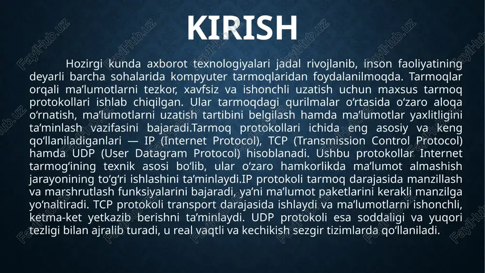 ir. biroq ularning tuzilishi va darajalar soni farq qiladi. osi modeli nazariy jihatdan mukammal va o‘qitishda qulay bo‘lsa, tcp/ip modeli amaliy jihatdan internet tizimining asosi sifatida qo‘llaniladi. quyidagi jadval ularning o‘zaro mosligini ko‘rsatadi:tarmoq protokollarining o‘rni va darajalarga ajratilishi ma’lumot almashish jarayonini soddalashtiradi, muammolarni tezda aniqlash hamda yangi texnologiyalarni integratsiya qilish imkonini beradi. osi modeli — nazariy asos, tcp/ip modeli esa amaliyotda qo‘llaniladigan asosiy standart bo‘lib, ular birgalikda tarmoq arxitekturasining mantiqiy va texnik poydevorini tashkil etadi. asosiy qism: 2. ip, tcp va udp protokollarining ishlash mexanizmi ip, tcp va udp protokollarining ishlash mexanizmizamonaviy kompyuter tarmoqlari orqali ma’lumot almashish jarayoni bir nechta darajadagi protokollar yordamida amalga oshiriladi. ularning har biri aniq vazifani bajaradi va birgalikda tarmoqning ishonchli, barqaror hamda tezkor ishlashini ta’minlaydi. eng muhim transport va tarmoq protokollaridan uch tasi — ip (internet protocol), tcp (transmission control protocol) va udp (user datagram protocol) hisoblanadi. quyida ushbu protokollarning ishlash mexanizmi hamda ularning o‘zaro …