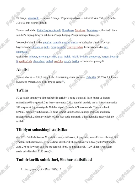 r, shundan 8,8 ming gektarga paxta, 5,9 ming gektarga donli ekinlar ekiladi. 585 ga yer bogʻ, 64 ga tokzor. tumanda 15 shirkat xoʻjaligi, aksiyadorlik jamiyati, xujaliklararo chorvachilik korxonasi, «istiqbol» chorvachilik korxonasi, meva-koʻchatchilik tajriba xoʻjaligi, urugʻchilik tajriba xoʻjaligi, oʻrmonchilik xoʻjaligi (qoradaryo oʻrmon xoʻjaligi: 161 gektar; qorakoʻl oʻrmon xoʻjaligi: 22 gektar; lugʻumbek oʻrmon xoʻjaligi: 87 gektar) mavjud. tuman shirkat va shaxsiy xoʻjaliklarida 32,3 ming qoramol, shundan 14,5 ming sigir, 27,8 ming qoʻy va echki, 622 ot boqiladi. tuman hududidan avtomobil yoʻllari, andijon — uchqoʻrgʻon (15 km) temir yo'li oʻtgan. qadimgi davrlarda izboskan hududining shakllanishi va ilk aholi punktlari qadimgi davrlarda izboskan hududining shakllanishi va ilk aholi punktlari izboskan hududi oʻzbekistonning shimoli-sharqiy qismida joylashgan boʻlib, qadimdan buyon gavjum va madaniy markaz boʻlib kelgan. ushbu hududning shakllanishi ming yillar davom etgan geologik, iqlimiy va ijtimoiy-iqtisodiy jarayonlar bilan chambarchas bogʻliqdir. daryo vodiylarining hosil boʻlishi, sugʻorish imkoniyatlarining yaratilishi va tabiiy resurslarning mavjudligi bu yerda ilk insonlarning …