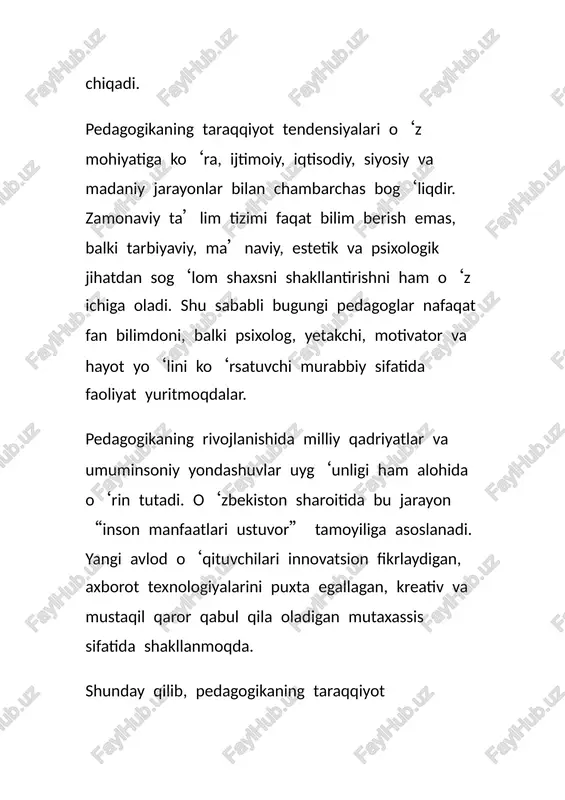 ’iy intellekt, ar/vr texnologiyalar orqali o‘qitish sifatini oshirish imkoniyati. 2. xalqaro hamkorlik va tajriba almashish imkoniyatlari kengaymoqda. 3. pedagogik psixologiya, differensial yondashuv va inkluziv ta’lim yo‘nalishlari rivojlanmoqda. 4. o‘qituvchilar uchun onlayn kurslar, vebinarlar va grant dasturlari soni ortmoqda. 5. yosh pedagoglar uchun ijodiy loyihalar va startaplar uchun sharoitlar yaratilmoqda. t – tahdidlar (threats): 1. texnologiyaga haddan tashqari tayanish insoniy muloqotni kamaytirishi mumkin. 2. ba’zi hududlarda ta’lim sifati va sharoitlar orasida tafovut kuchaymoqda. 3. chet mamlakatlarga malakali pedagoglarning ketishi (“miya oqimi”). 4. o‘quvchilarda e’tiborning pasayishi, raqamli qaramlik xavfi. 5. moliyaviy resurslar yetishmasligi innovatsiyalarni to‘liq joriy etishga to‘sqinlik qilmoqda. xulosa qilib aytganda, bugungi kunda pedagogika fani o‘zining yangi bosqichiga qadam qo‘ydi. jamiyatda kechayotgan global o‘zgarishlar, texnologik yuksalish va inson tafakkurining jadallik bilan rivojlanishi ta’lim tizimidan ham yangicha yondashuvlarni talab qilmoqda. endilikda pedagogika faqatgina o‘qitish jarayonini emas, balki shaxsni har tomonlama rivojlantirish, uning ijtimoiy, axloqiy, ma’naviy va intellektual salohiyatini yuksaltirishni maqsad qilib olmoqda. …