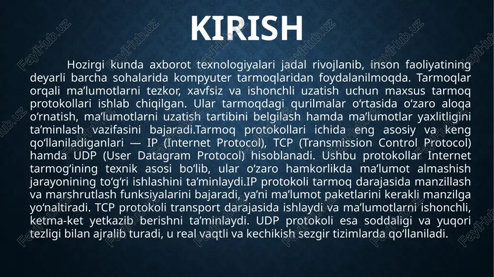 ir. biroq ularning tuzilishi va darajalar soni farq qiladi. osi modeli nazariy jihatdan mukammal va o‘qitishda qulay bo‘lsa, tcp/ip modeli amaliy jihatdan internet tizimining asosi sifatida qo‘llaniladi. quyidagi jadval ularning o‘zaro mosligini ko‘rsatadi:tarmoq protokollarining o‘rni va darajalarga ajratilishi ma’lumot almashish jarayonini soddalashtiradi, muammolarni tezda aniqlash hamda yangi texnologiyalarni integratsiya qilish imkonini beradi. osi modeli — nazariy asos, tcp/ip modeli esa amaliyotda qo‘llaniladigan asosiy standart bo‘lib, ular birgalikda tarmoq arxitekturasining mantiqiy va texnik poydevorini tashkil etadi. asosiy qism: 2. ip, tcp va udp protokollarining ishlash mexanizmi ip, tcp va udp protokollarining ishlash mexanizmizamonaviy kompyuter tarmoqlari orqali ma’lumot almashish jarayoni bir nechta darajadagi protokollar yordamida amalga oshiriladi. ularning har biri aniq vazifani bajaradi va birgalikda tarmoqning ishonchli, barqaror hamda tezkor ishlashini ta’minlaydi. eng muhim transport va tarmoq protokollaridan uch tasi — ip (internet protocol), tcp (transmission control protocol) va udp (user datagram protocol) hisoblanadi. quyida ushbu protokollarning ishlash mexanizmi hamda ularning o‘zaro …