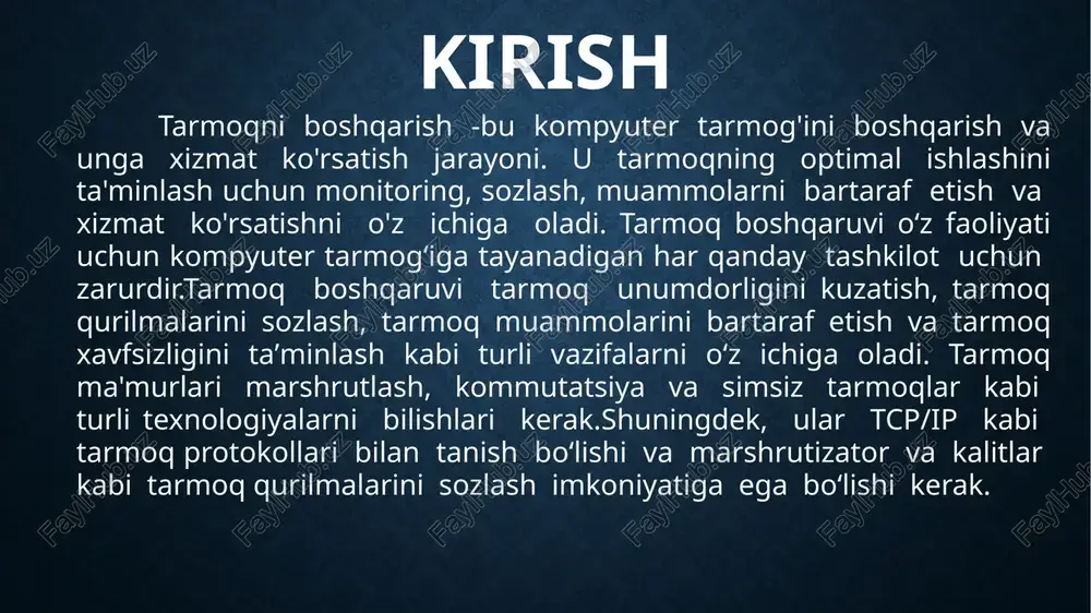 oshqaruv dasturiy vositalaridan foydalangan holda kompyuter tarmog'ining ishlashini nazorat qilish amaliyoti. tarmoqnimonitoringqilish tizimlari kompyuterlar (xostlar) vatarmoqxizmatlarining mavjudligi va umumiy ishlashini ta'minlash uchun ishlatiladi. tarmoq hamda tarmoq xizmatlari va qo’llanmalarining ishini nazorat qilish tarmoq trafigini egallash va tahlil qilishni nazarda tutadi. bu nafaqat tarmoqdagi muammolarni aniqlash (diagnostika qilish) maqsadida, balkijiddiy ravishda muhim bo’lgan xizmatlar va qo’llanmalarning ishini maqbullashtirish (optimallashtirish) uchun ham ishlatiladi at (axborot texnologiyalari) mutaxassislari har xil monitoring qilish vositalaridan, shu jumladan bayonnomalarni tahlil qiladigan asboblardan (analizatorlardan), rmon naysimon asboblaridan (zondlaridan), netflow to’plab ta’minlovchilaridan (kollektorlaridan), ids / ips tizimlaridan va tarmoq trafigining katta hajmlarini yozib olishga imkoniyati mavjud bo’lgan server maslaklari (platformalari) negizidagi sinov vositalaridan (probniklardan) foydalanishadi («korporativ tarmoqni tahlil qilish, monitoring qilish va aniqlash (diagnostika qilish)» bo’limini qarang). sotuvda mis yoki optik-tolali liniyalari uchun ma’lumotlarni uzatish bo’yicha qo’llab-quvvatlaydigan maksimal darajadagi tezligi har xil —10 mbit/s dan 100 gbit/s gacha bo’lgan tarmoqlantirgichlarning juda keng assortimenti mavjud. jumladan, odatdagi tarmoqlantirgichlardan tashqari …
