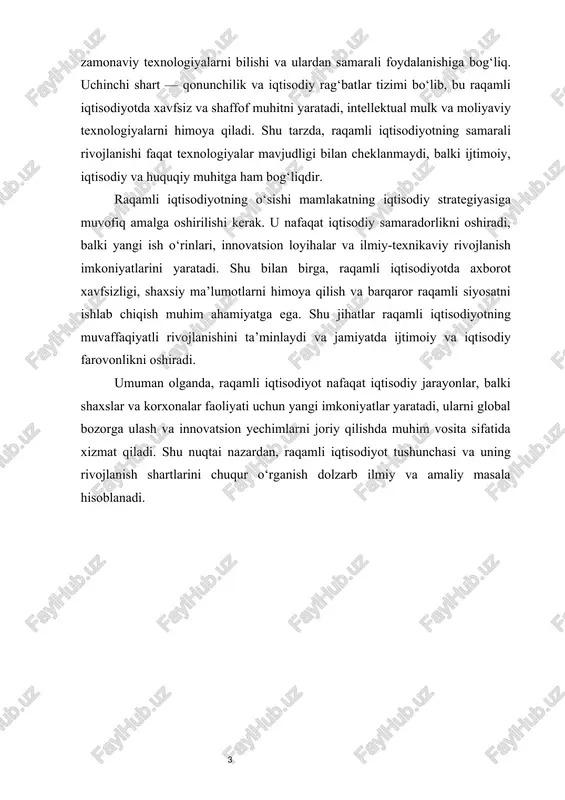 i iqtisodiyot tushunchasi va asosiy xususiyatlari 1- raqamli iqtisodiyotning mohiyati va asosiy tushunchalari raqamli iqtisodiyot bugungi kunda zamonaviy iqtisodiy faoliyatning eng muhim yo‘nalishlaridan biri sifatida e’tirof etilmoqda. u an’anaviy iqtisodiyotdan farq qiladigan o‘ziga xos xususiyatlarga ega bo‘lib, asosiy resurs sifatida nafaqat moddiy boyliklar, balki axborot va raqamli ma’lumotlardan samarali foydalanishni talab qiladi. raqamli iqtisodiyot tushunchasi, shuningdek, mamlakatning iqtisodiy tizimini global bozorga moslashtirish, yangi ish o‘rinlari yaratish, ishlab chiqarish va xizmat ko‘rsatish sohalarida innovatsion yechimlarni joriy etish imkonini beradi. ushbu tushuncha nafaqat iqtisodiy samaradorlikni oshirish, balki shaxslar va korxonalarning raqamli platformalarda faoliyat yuritishini kengaytirish orqali ijtimoiy va iqtisodiy rivojlanishga xizmat qiladi. shu nuqtai nazardan, raqamli iqtisodiyotning mohiyatini chuqur tushunish va uning asosiy xususiyatlarini o‘rganish ilmiy va amaliy jihatdan dolzarb hisoblanadi. raqamli iqtisodiyotning asosiy mohiyati shundaki, u axborot va raqamli texnologiyalar yordamida iqtisodiy jarayonlarni avtomatlashtiradi va tezlashtiradi. an’anaviy iqtisodiyotda resurslar va moliyaviy oqimlar asosan jismoniy vositalar va hujjatlar orqali boshqarilsa, raqamli iqtisodiyotda …