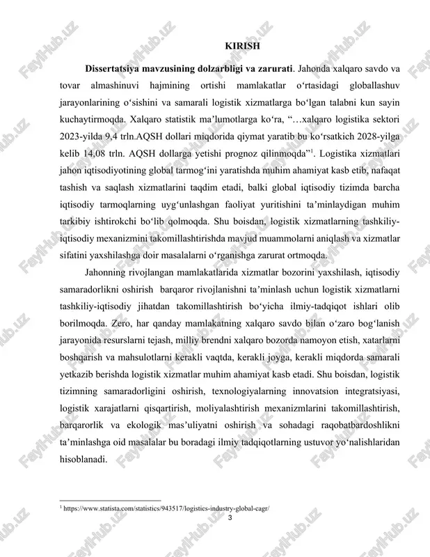 him ahamiyat kasb etadi. shu boisdan, logistik tizimning samaradorligini oshirish, texnologiyalarning innovatsion integratsiyasi, logistik xarajatlarni qisqartirish, moliyalashtirish mexanizmlarini takomillashtirish, barqarorlik va ekologik masʼuliyatni oshirish va sohadagi raqobatbardoshlikni taʼminlashga oid masalalar bu boradagi ilmiy tadqiqotlarning ustuvor yoʻnalishlaridan hisoblanadi. yangi oʻzbekistonda milliy iqtisodiyotning barqaror oʻsish surʼatlarini taʼminlashning muhim omili sifatida logistik xizmatlarni tashkiliy-iqtisodiy tomondan rivojlantirishga alohida eʼtibor ortib bormoqda. bu borada oʻzbekiston respublikasi prezidentining “oʻzbekiston – 2030 strategiyasi toʻgʻrisida”gi pf-158-son farmonida “oʻzbekiston respublikasining global transport – logistika tarmoqlariga integratsiyasini chuqurlashtirish va milliy transport tiziming salohiyatini oshirish, bunda respublika hududi orqali tranzit yuklarini tashish hajmini 16 million tonnaga yetkazish, shimoliy yoʻnalishda temir yoʻl orqali yuk tashish muddatlarini 40 foizga qisqartirish, yoʻlovchi va yuk tashish xizmatlari hajmini 3 barobar oshirish va 56 ming kilometr yoʻllarni qurish va taʼmirlash”[footnoteref:2] kabi bir qator vazifalar belgilangan. mazkur vazifalarning izchil va samarali amalga oshirilishida logistik xizmatlarni tashkil etishning muqobil usullarini ishlab chiqish, logistik jarayonlarni toʻlaqonli raqamlashtirish, logistik infratuzilmani …