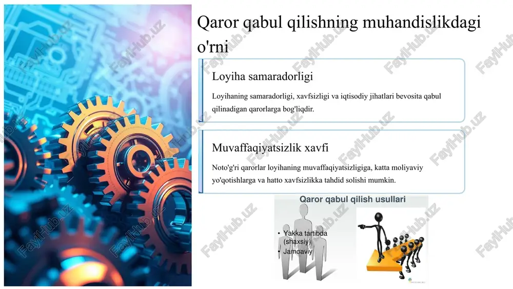 olib keladi. xavfsizlik buzilishlari: xavfsizlik standartlariga rioya qilmaslik baxtsiz hodisalarga va inson hayotiga xavf solishi mumkin. loyihaning kechikishi: noto'g'ri qarorlar loyihaning muddati kechikishiga, sifatining pasayishiga va obro' yo'qotishiga sabab bo'ladi. 9 qaror qabul qilish ko'nikmalarini rivojlantirish yo'llari 1 bilim almashish mutaxassislar bilan maslahatlashish va tajriba almashish orqali yangi bilimlar o'zlashtirish. 2 amaliyot va stajirovkalar real loyihalarda ishtirok etish va amaliyotlar orqali tajriba orttirish. 3 zamonaviy metodlar qaror qabul qilishning zamonaviy metodlari va dasturiy ta'minotlarini o'rganish. 10 xulosa: muhandislikda to'g'ri qaror qabul qilish — loyihaning asosi muhandislik sohasida har bir qabul qilingan qaror loyihaning muvaffaqiyatini belgilaydi. bu jarayon nafaqat texnik bilim, balki strategik fikrlash va turli omillarni muvozanatlashni talab qiladi. har bir qaror loyihaning muvaffaqiyatini belgilaydi. texnik, iqtisodiy va xavfsizlik omillarini muvozanatlash zarur. innovatsiyalar va bilimlarni doimiy yangilab borish muhim. 11 xulosa muhandislik faoliyatida qaror qabul qilish – bu ilmiy bilim, amaliy tajriba va psixologik tayyorgarlikni birlashtiradigan murakkab jarayon. to‘g‘ri qabul …