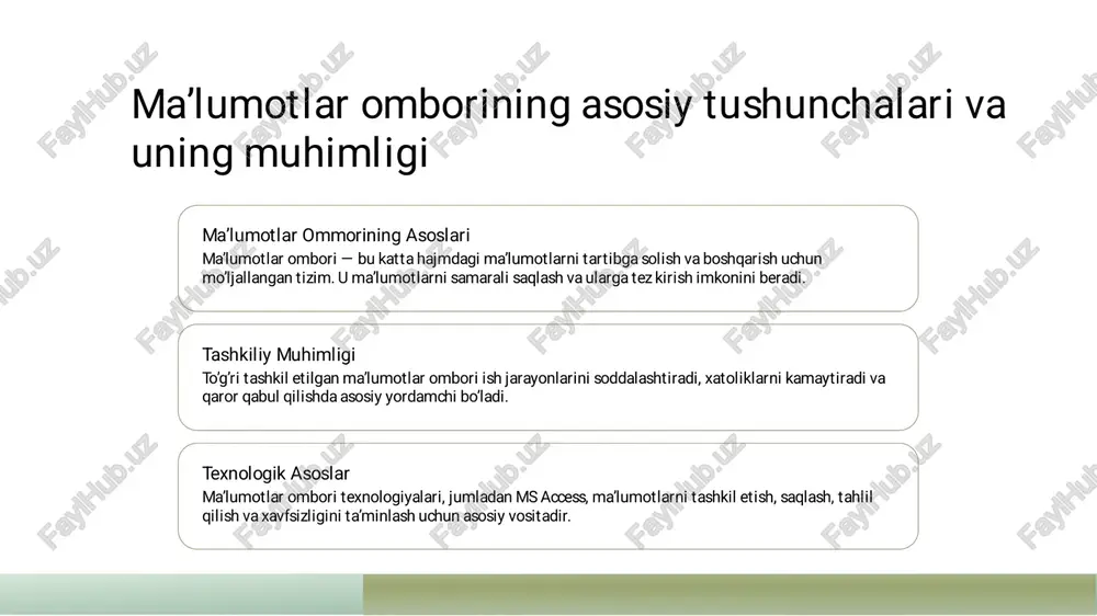ish tizimlarini joriy eting. bu, ma’lumotlarning ishonchliligi va xavfsizligini oshiradi.� msaccess yordamidama’lumotlar bazasining asosiy strukturalari� 1� ma’lumotlar bazasi strukturalari� msaccessdama’lumotlar bazasining asosiy strukturalari, jadval, so’rovlar, shakllar va hisobotlardan iborat bo’lib, ular ma’lumotlarni samarali saqlash vaboshqarishni ta’minlaydi.� 2� jadval va maydonlar� jadval ma’lumotlar bazasining yuragi bo’lib, satrlar va ustunlardan tashkil topgan.har bir maydonma’lumotlarning turini va xususiyatini belgilaydi.� 3� so’rovlar va filtrlash� so’rovlar yordamidama’lumotlar bazasidan kerakli ma’lumotlarni tez vasamarali qidirishmumkin. bu jarayonma’lumotlarni filtrlash va tahlil qilishdamuhimdir.� ma’lumotlarni saqlash va boshqarish uchun ms accessda jadval va so’rovlar tizimi� 1� jadval tuzilishi� msaccessda jadval ma’lumotlarni tartibgasolish uchun asosiy vositadir. ular ustunlar vaqatorlardan iborat bo’lib, ma’lumotlarni tez vaaniq saqlash imkonini beradi.� 2� so’rovlar tizimi� so’rovlar yordamida ma’lumotlarni filtrlaymiz, tahlil qilamiz va kerakli natijalarni tezdaolamiz. bu jarayon ma’lumotlar bilan ishlashda samaradorlikni oshiradi.� 3� ma’lumotlarni boshqarish� msaccessda jadval va so’rovlar orqali ma’lumotlarni qo’shish, o’zgartirish vao’chirishmumkin. bu esama’lumotlarni samarali va xavfsiz tarzdaboshqarishga yordam beradi.� msaccessdama’lumotlarni tahlil qilish va …