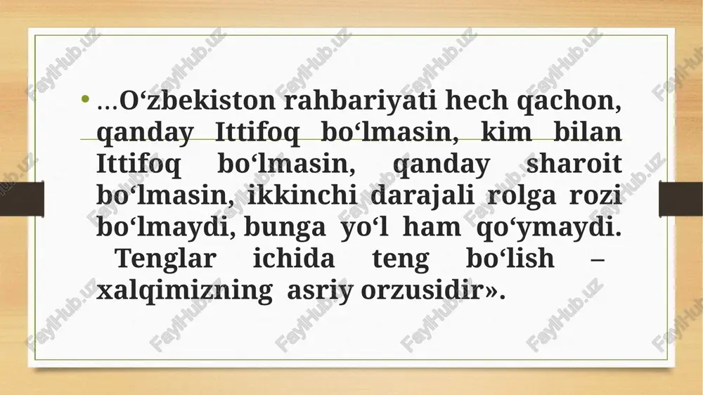 rbining nusxasi oliy kengashning tegishli qo‘mitalariga konstitutsiya komissiyasi ijodiy guruhi bilan hamkorlikdadavlat bayrog‘i, madhiyasi haqida qonun loyihalarini ishlab chiqib, navbatdagi sessiyaga taqdim etish topshirildi. 1991-yil 29-dekabrda o‘zbek xalqi xohish-irodasi bilan o‘zbekiston respublikasi prezidentini sayladi. saylovga jiddiy tayyorgarlik ko‘rilib, o‘zbekiston respublikasi saylovlari muqobillik asosida o‘tdi. oliy lavozimga ikki nomzod-o‘zbekiston xdp va o‘zbekiston kasaba uyushmalari federasiyasi nomzodi i.a. karimov va «erk» demokratik partiyasi vakili saloy madaminov (muhammad solih) nomzodi qo‘yildi. markaziy saylov komissiyasi okrug komissiyalari majlis bayonlarini ko‘rib chiqib, o‘zbekiston respublikasi prezidenti saylovi to‘g‘risidagi qonunning 35-moddasiga asosan islom abdug‘aniyevich karimovni o‘zbekiston respublikasi prezidenti lavozimiga saylangan deb hisoblashga qaror qildi.. saylovlar yakuniga ko‘ra 8 million 514 ming 136 ovoz yoki ovoz berishda qatnashganlarning 86 foizi islom karimov nomzodini, 1 million 220 ming 474 saylovchi (12,3 %) saloy madaminov nomzodini yoqlab ovoz berdi. xalqimizning ko‘p yillar davomida olib borgan matonatli kurashi natijasida qaror topgan mustaqil o‘zbekistonda bozor munosabatlariga asoslangan odil, haqqoniy demokratik jamiyat qurish …