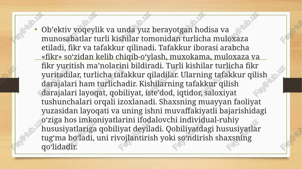 qo‘yib ko‘rmaydilar. qobiliyatli, tajribali o‘qituvchi esa ularni hisobga oladi, o‘zi uchun tushunarli va oson bo‘lgan mavzu o‘quvchilarga tushunilishi kiyin, mavhum bir narsa bo‘lishi mumkinligini biladi va shunga ko‘ra ish tutadi. u mavzuni bayon etishning har akter va shaklini alohida o‘ylab chiqadi, rejalaydi. materiallarni bayon etish paytida qobiliyatli o‘qituvchi sinf o‘quvchi-larining qanday uzlashtirayotganliklarini bilib boradi, zarur bo‘lsa bayon qilish usulini o‘zgartiradi: lanjlik, loqaydlik, bo‘shashishlarga barham berish uchun dam olishlariga imkon beradi va sinfda tagin ishchanlik vaziyati vujudga kelmaguncha ishini boshlamay turadi. o‘quvchilar o‘z o‘qituvchilari haqida turlicha fikrda bo‘ladilar. jumladan, ayrim o‘quvchilar: «... biz sodiq akani juda yaxshi ko‘ramiz. ular sinfimizda bir zumda ishchanlik kayfiyatini uyushtirib, barchamizni o‘zining puxtaligi, ozodaligi, epchilligi va tadbirkorligi bilan hayratda qoldiradi...» - desalar, ayrim o‘quvchilar ... «doniyor akam ko‘p ishga urinadi, ammo birortasini ham oxiriga etkazmaydi. unga qarab bizning ham ishdan ixlosimiz qaytadi, xafsalamiz bir pul bo‘ladi...» - deydilar. yuqorida aytib o‘tilganidek, o‘qituvchining o‘z ishini tashkil qila …