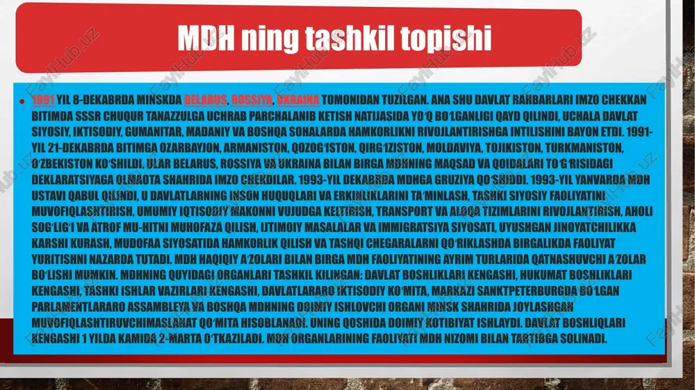 jarib kelmoqda. oʻzining mdh tarkibiga kirishini xohlayotgan qator tan olinmagan davlatlar, avtonom rayonlar va bmt aʼzolari bildirishgan. ushbu davlatlar bilan mdh kelishuvni amalga oshirmagan . bular quydagilar: abkhazia abxaziya ukrainadagi qrim togʻli qorabogʻ respublikasi pridnestrov moldova respublikasi rossiyadagi checheniston rossiyadagi tatariston xorvatiyadagi serbskaya kraina respublikasi sobiq yugoslaviya o’zbekiston mdh ga 1991-yil 21-dekabrda a’zo bo’lgan o'zbekiston mdhga ilk bor 2020-yil raislik qildi 2004-yili rossiya va o‘zbekiston o‘rtasidagi munosabatlar yana ham mustahkamlandi. shu yili ikki davlat prezidentlari jami etti marta uchrashdi. o‘zbekistonda 32 marotaba rossiya hukumati delegatsiyalari tashrif buyurdi, shu jumladan, rossiya davlati xavfsizlik kengashining rayisi, mudofaa, tashqi ishlar, transport vazirlari o‘zbekistonlik davlat rahbarlari bilan muhim masalalar bo‘yicha bitimlar tuzdi. 16 iyun kuni yurtimiz birinchi raxbari i.a.karimov va v.putin uchrashuvi natijasida strategik hamkorlik to‘g‘risida bitim tuzildi. bunda siyosiy, harbiy, harbiy-texnika, iqtisodiy-ijtimoiy va boshqa masalalar bo‘yicha 179 alohida bitimlar imzolandi. yoqilg‘i-energetika sohasida neft va gaz qidiruv ishlarini bir milliard dollarga, «gazprom» va uzneftgaz …