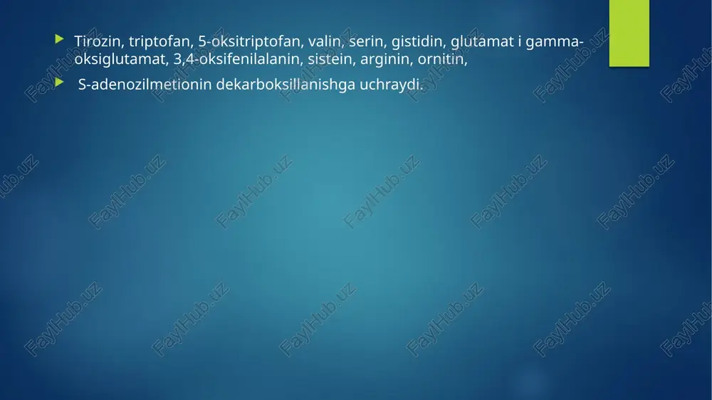 ri: ammoniy tuzlarining hosil bo'lishi; dikarbon aminokislotalar amidlarining hosil bo'lishi; transreaminlanish; siydikchil sintezi; 1. organik kislotalar ammoniy tuzlarining hosil bo'lishi. organizmda 1 sutkada bu yo'l bilan 0,3-0,5 g ammiak zararsizlantiriladi. 2. aminokislotalar amidlarining hosil bo'lishi: glutamat + atf + nh4------→glutamin +adf+fn aspartat + atf + nh4------→asparagin +adf+fn buyraklarda asparagin va glutamin asparaginaza va glutaminaza ta'sirida parchalanadi, hosil bo'lgan ammiak ammoniy tuzlarini hosil qiladi. l-aspargin + n2o -----→l-aspartat + nn3 l-glutamin + n2o ----- → l-glutamat + nn3 nh3 + h+ + cl- --------→ nh4cl buyraklarda kislota-ishqor muvozanatini saqlashni ta'minlaydi, atsidoz rivojlanishining va natriy ionlari chiqarilishining oldini oladi. bu yo'l bilan 0,3-0,5 g ammiak zararsizlantiriladi. aminokislota amidlarini xosil bo'lishi : kichik yoshli bolalarda bu yo'l ammiakni zararsizlantirilishining asosiy yo'li hisoblanadi glutamin va asparagin ammiak hosil bo'lish joylarida sintezlanadi : jigar miya mushak glutamin zaharsiz, hujayra membranasi orqali erkin o'tadi; ammiakka transportlanuvchi shakl, ammiakning vaqtinchalik saqlovchisi; oqsil, aminoqandlar, purin va pirimidin nukleotidlari, …