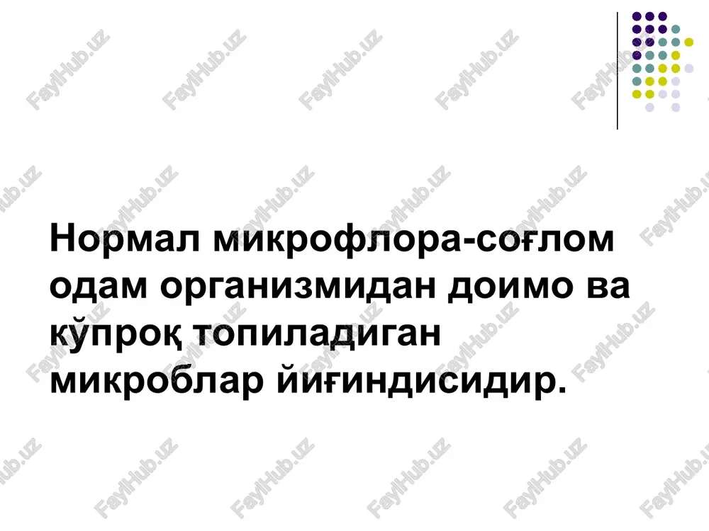 g uchun sog'lom odamda mikroorganizm kam bo'ladi. shunga karamay 30 ga yaqin mikroorganizmlar bu erda yashashga moslashib olgan: zamburug'lar laktobakt. bifidobakteriya enterokokklar helicobakterii ovqat xazm qilish trakti mikroflorasi ichak mikroflorasi ingichka ichak 12 barmoqli ichakda mikroorganizm yanada kam, chunki u erga o't suyuqligi tushib turadi. lekin bu erda xam ba'zi bakteriyalar yashaydi: laktobakteriyalar zamburug'lar enterokokklar 12 barmoqli ichakdan uzoqlashgan sari mikroblar soni ortib boradi. yo'g'on ichak bifidobakteriya bakteroid laktobakteriya peptostreptokokk legionella klostridiy katenobakteriya esherixiya stafilokokklar streptokokklar zamburuglar protey spiroxetalar sodda jonivorlar 500 xil mikrob va 1 gr = 1014 koe bulardan : 95% 3-5% kin mikloflorasi me'yoriy ichak mikroforasining sifatiy va miqdoriy buzilishlari disbakterioz deyiladi. disbakterioz mustaqil nozologik shakl bo'lmay,klinik-laborator sindrom sifatida ko'riladi.disbakterioz sabablari: -o'tkir ichak infektsiyalari -ichak invaziyalari -surunkali kolitlar -surunkali enterokolitlar -uzoq vaqt antibiotik va gormon qabul qilish -nur bilan davolanish. disbakteriozlar shakli bo'yicha turlari: -latent -mahalliy -tarqalgan(sepsis) kompensatsiya darajasiga qarab: 1.kompensatsiyalangan 2.subkompensatsiyalangan 3.dekompensatsiyalangan ichak mikroflorasining o'zgarishi ikki …