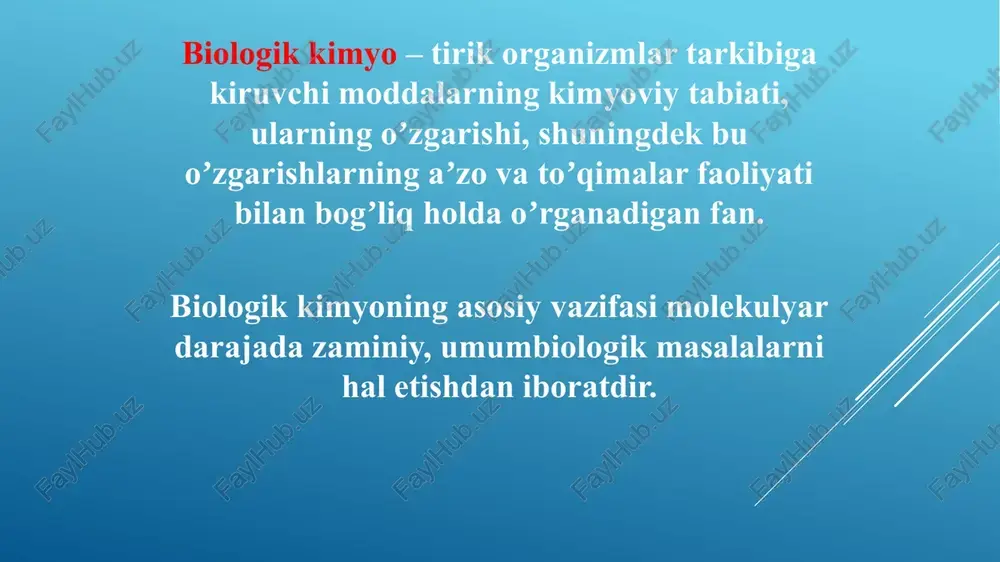 kimyoviy jarayon boʼlib, murakkab organik birikmalarni organizmda oxirgi mahsulotlar (so2, n2o, nh3, mochevina, kreatinin, siydik kislota va boshkalar) parchalaydi. bu jarayon patologik xolatlarda (ochlik, infektsion kasalliklar va boshkalar) ustun turadi va organizmni toliqishiga olib keladi. ovqatning asosiy va minor komponentlari ovqatlanish – organizmni tashqi muhit bilan bogʼlanishi va modda almashinuvining birinchi bosqichi hisoblanadi. ovqatning organik komponentlari: oqsillar, uglevodlar, lipidlar, nuklein kislotalar va vitaminlar. mineral komponentlar: natriy, kaliy, kaltsiy, fosfor, xlor, temir, yod, mis, rux va boshqalar. balansli ovqatlanish – bu ovqatning asosiy va minor komponentlarini maʼlum bir nisbatda yoshga, jinsga, ish faoliyatiga, inson xayot tarziga qarab oʼzlashtirishi. oqsil, lipid va uglevodlar nisbati 1:1:4 teng. ratsional ovqatlanish – bu ovqat sutkalik ratsionini toʼgʼri taqsimlanishi. balansli ovqatlanish organizmni xayotiy zarur mahsulotlar bilan yetarli darajada taʼminlaydi. essentsial komponentlar almashinib boʼlmaydigan aminokislotalar: izoleytsin, leytsin, lizin, metionin, fenilalanin, treonin, triptofan, valin almashinmaydigan yogʼ kislotalar: linol, linolen, araxidon kislotalari. mikroelementlar: yod, ftor, temir, mis, kobalt va …