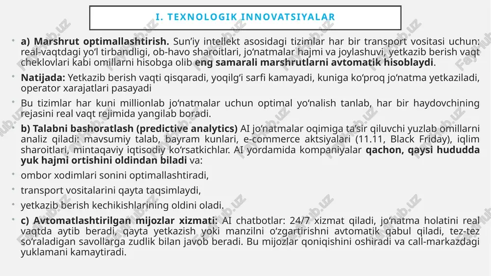 rda avtomatik ogohlantirish beradi. misol: agar jo‘natma yetkazib berish vaqtiga kechiksa, smart-kontrakt avtomatik ravishda xaridorga kompensatsiya to‘laydi. 3. soxta mahsulotlarni aniqlash blokcheyn orqali har bir mahsulotning: ishlab chiqarilgan joyi, ishlab chiqarilgan sanasi, egalar zanjiri, transport jarayoni, yetkazib berish nuqtalari aniq qayd etiladi. mijozlar va nazorat organlari qr kodni skan qilib tovarning haqiqiyligini tekshira oladi. bu ayniqsa quyidagi sohalarda juda muhim: dori vositalari, zargarlik buyumlari, elektronika, brend kiyimlar, oziq-ovqat (premium segment) ii. barqarorlik tendensiyalari a) transportni elektrlashtirish (ev – electric vehicles) pochta-logistika kompaniyalari an’anaviy dizel furgonlardan elektr transport vositalariga o‘tmoqda. elektr furgonlar, elektrovelosipedlar va mikromobil vositalar shahar muhitida yanada samarali. natijada: co₂ chiqindilari kamayadi, yoqilg‘i xarajatlari qisqaradi, shahar markazlarida shovqin darajasi pasayadi, ekologik talablarga mos faoliyat yuritiladi elektr transportlar yil davomida texnik xizmat talabini ham kamaytirib, last-mile jarayonini barqarorroq qiladi. b) yashil omborlar va energiya tejamkor infratuzilma zamonaviy logistika markazlari ekologik meʼyorlarga moslashtirilmoqda. omborlar quyosh panellari, energiya tejovchi tizimlar va led …