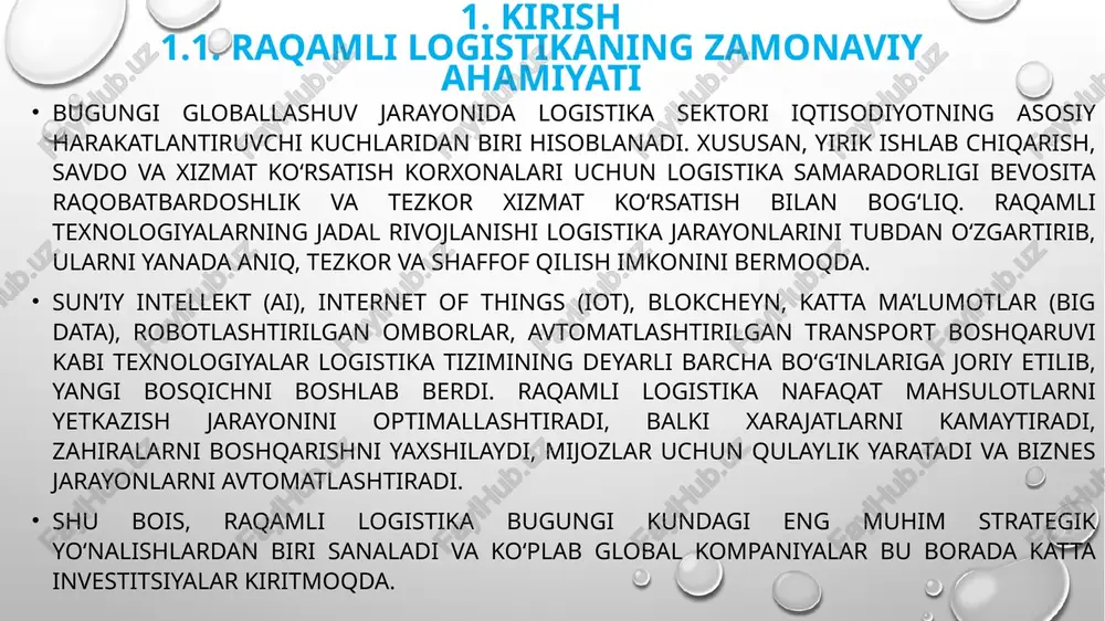 orxonalar uchun raqamli logistika tizimlarini to‘g‘ri joriy etish korxonaning barcha bo‘limlar faoliyatini yaxshilaydi, iqtisodiy samaradorlikni oshiradi va bozorda ustunlik yaratadi. tadqiqot davomida quyidagi natijalarga erishish kutiladi: katta korxonalarda raqamli logistika tizimlarini joriy etishda uchraydigan asosiy muammolarni aniqlash. har bir muammo uchun zamonaviy texnologik va boshqaruvga oid yechimlarni taklif qilish. raqamli logistikaning samaradorligini ko‘rsatadigan tahliliy xulosalar ishlab chiqish. o‘zbekiston sharoitida yirik korxonalar uchun amaliy takliflar va strategik yo‘nalishlar ishlab chiqish. shunday qilib, tadqiqot mazkur yo‘nalish bo‘yicha nazariy va amaliy ko‘rsatmalar berib, logistika tizimlarini modernizatsiya qilishda muhim qo‘llanma bo‘lib xizmat qiladi. 2. raqamli logistika tizimlarining mohiyati raqamli logistika — bu tovarlar va xizmatlar harakatini boshqarishda ilg‘or axborot-kommunikatsiya texnologiyalarini qo‘llash orqali jarayonlarni optimallashtirish, avtomatlashtirish va shaffofligini oshirishga qaratilgan kompleks tizimdir. mazkur yondashuv an’anaviy logistika yechimlaridan farqli o‘laroq, real vaqt ma’lumotlariga asoslangan tahliliy jarayonlar, sun’iy intellekt algoritmlari, iot sensorlari va big data texnologiyalarini keng qo‘llaydi. raqamli logistikaning asosiy tarkibiy qismlariga iot texnologiyalari, sun’iy intellekt …