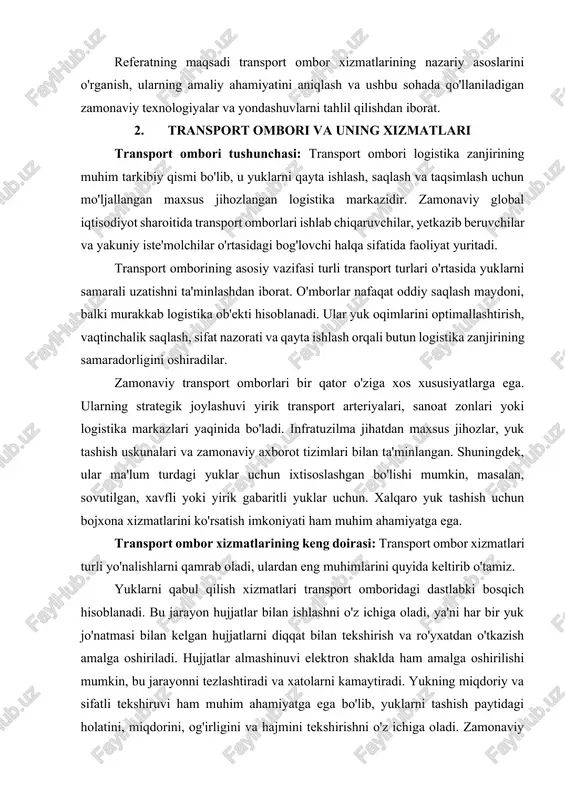 xatolarni kamaytiradi. yukning miqdoriy va sifatli tekshiruvi ham muhim ahamiyatga ega bo'lib, yuklarni tashish paytidagi holatini, miqdorini, og'irligini va hajmini tekshirishni o'z ichiga oladi. zamonaviy omborlarda bu jarayon avtomatlashtirilgan tizimlar yordamida amalga oshiriladi. shuningdek, yuklarni dastlabki qayta ishlash jarayoni ham mavjud bo'lib, unda qadoqlarning yaxlitligini tekshirish, kontaynerlarni ochish, yuklarni guruhlarga ajratish kabi ishlar amalga oshiriladi. saqlash xizmatlari transport omborining asosiy funktsiyalaridan biri hisoblanadi. yuklarni joylashtirishda mahsulotlarni omborda optimallashtirilgan tartibda joylashtirish amalga oshiriladi, bu keyingi topish va chiqarish jarayonini osonlashtiradi. zamonaviy omborlarda yuklarni joylashtirish aylanish tezligi, guruhlashtirish va og'irlik va o'lcham kabi tamoyillar asosida amalga oshiriladi. inventarizatsiya boshqaruvi ombordaki tovarlarning doimiy hisobini yuritish, ularning harakatini kuzatish, etishmovchiliklar va ortiqcha zaxiralarning oldini olishni nazarda tutadi. zamonaviy wms tizimlari real vaqt rejimida inventarizatsiyani kuzatish imkonini beradi. sharoitlarni nazorat qilish esa maxsus talablarga ega bo'lgan mahsulotlar uchun kerakli sharoitlarni saqlashni o'z ichiga oladi. yuklarni qayta ishlash va komissiya xizmatlari yuklarni yakuniy iste'molchi yoki chakana …