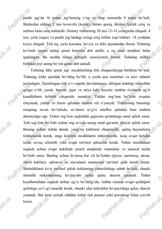 ni mustahkam saqlash uchun ovqat tarkibida yetarli miqdorda vitaminlar va mineral tuzlar bo‘lishi zarur. buning uchun ko‘proq har xil ko‘katlar (piyoz, sarimsoq, ukrop, shivit kabilar), sabzavot va mevalarni muntazam iste'mol qilib turish lozim. shirinliklarni ko‘p iste'mol qilish tishlarning yemirilishiga sabab bo‘ladi, chunki shirinlik mikroblarning ko‘payishi uchui qulay sharoit yaratadi. tishni kasallanishdan saqlash uchun og‘iz bo‘shlig‘ida, tishlar orasida ovqat qoldiqlari qolishiga yo‘l qo‘ymaslik kerak, chunki ular mikroblar ko‘payishiga qulay sharoit yaratadi. har kuni uxlash oldidan tishni tish pastasi yoki poroshogi bilan yuvish lozim. shuningdek, ovqat iste'mol qilgandan keyin og‘izni iliq suv bilan chayish zarur. tishning salgina zararlanganligi ma'lum bo‘lsa, albatta shifokorga murojaat qilish kerak. til og‘iz bo‘shlig‘ida joylashgan, muskuldan tashkil topgan a'zo bo‘lib, u ovqatni aralashtirish, tomoq tomonga o‘tkazish va uning ta'mini aniqlash vazifasini bajaradi. tilning eng muhim vazifalaridan biri so‘zlarning ravon talaffuz qilinishini ta'minlashdan iborat. til uch qismdan, ya'ni uchi, tanasi, ildizidan iborat. tilning ustini qoplagan shilliq qavatda sezuvchi nerv …