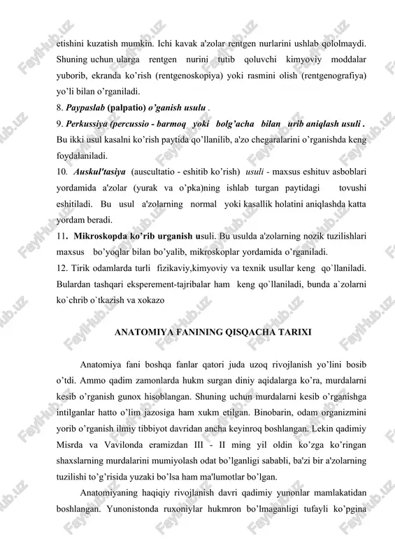 aristotel) kabi allomalar ham talim olganlar. buqrot (gippokrat) (eramizdan oldingi 460-377 yillarda yashagan) - tibbiyot sohasida o’zigacha bo’lgan ma'lumotlarni to’plagan, kuzatish va tekshirishlari asosida 72 ta asar yozgan. tibbiyot fanida bu qo’llanmalardan 2000 yil mobaynida foydalanib kelindi. buqrot yurak va qon tomirlar tuzilishi to’g’risida ham ma'lumotlar bergan, ammo nervlarni paylardan ajrata olmagan. arastu (aristotel) (eramizdan oldingi 384-322 yillarda yashagan) yunonistonning atoqli olimi, faylasufi va anatomi. u nervlarning paylardan farqi borligini isbotlagan. qon tomirlar yurakdan boshlanishini va "aorta"ni birinchi marta aniqlagan. gerofil (taxminan eramizdan oldingi 300-yilda tug’ilgan) - aleksandriya shahrida o’qigan va saroy tabibi bo’lib ishlagan. gerofil a'zolarning ichki tuzilishiga qiziqib, ularni birinchi marta kesib o’rgangan (anatomiya - anatomio, ya'ni "kesaman", "yoraman") so’zi ham ana shundan kelib chiqqan. olim ko’proq muskullarni, yurakni, qon tomirlar va periferik nerv sistemalarini o’rganib, birinchi bo’lib xarakatchan va sezuvchan nervlarni aniqlagan. antik davrda tibbiyot va jumladan anatomiya fani unchalik rivojlanmagan. shunga qaramasdan qadimiy rimda ruf, jolinus …