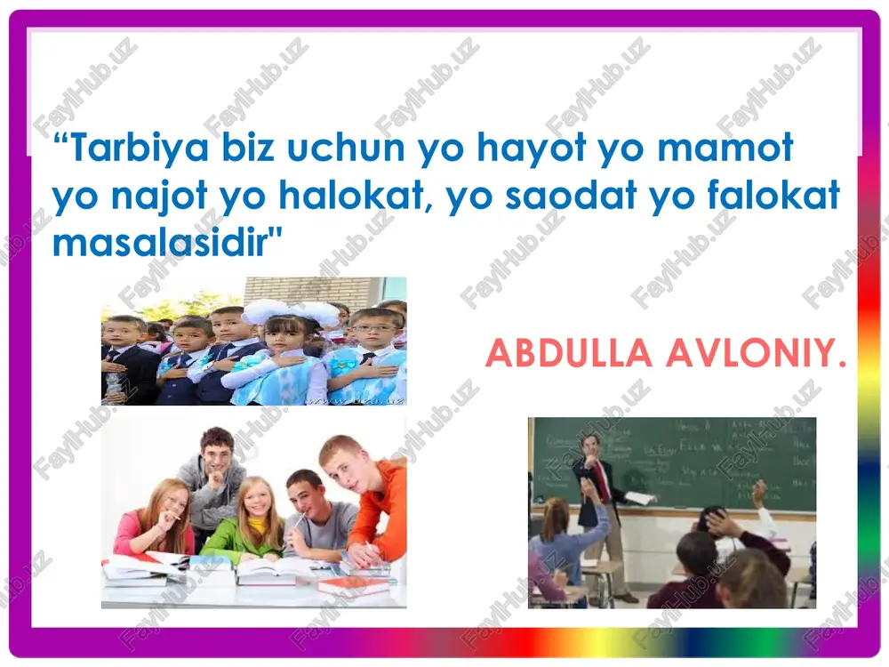 ni o‘tkazish uchun har xil usullardan foydalanadi: ba’zilari buyurib, ba’zilari iltimos qilib, ba’zilari o‘zlarining ibrati orqali u yoki bu tadbirni bajarishga erishadi. ko‘proq uch xil yondashuv bor. 1. komanda berish holati: bu tasodifiy hollarda buyruq tarzida amaliyotda komanda berish kamdan-kam holda qo‘llaniladi va bu tasodifiy hollarda yuz beradi. 2. kirishib, qo‘shilib ketish holati: bolalar bilishdan avval taqlid qilish orqali o‘rganishlarini hisobga olgan holda tarbiyachi shaxsiy ibrat ko‘rsatadi. ishga sadoqati, e’tiqodi, hech qanday manfaatsiz jamiyatga foyda keltirishni o‘ylab o‘z orqasidan boshqalarni ham ergashtiradi. shuningdek, tarbiyachi hamma qatori maktab faoliyatiga - o‘quv, sport, mehnat, sayohat ishlariga ham kirishib ketish ko‘nikmasiga ega bo‘lishi kerak. 3. betaraf bo‘lish holati: tarbiyachining hech nimaga aralash-masligi. uning ma’nosi bolalar faoliyatiga aralashmaslik, chekkada kuzatuvchi sifatida turish. texnologik va munosabatlar tizimchalari tarbiyachi mahorati tizimida yaxshi o‘zlashtirilishi mumkin. ajoyib yo‘l va usullar ortida yetakchi g‘oya bo‘lmasa, yuqori natijaga erishib bo‘lmaydi. pedagog va jamoa diqqat markazida - maktab, sinf o‘quvchilari nima …