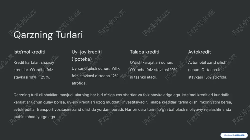 . ‹#› moliyaviy rejalashtirish moliyaviy maqsadlarni aniqlang qisqa muddatli va uzoq muddatli maqsadlar. jamg'arish va investitsiya qilish pensiya jamg'armasi agar mavjud bo'lsa. moliyaviy maslahatchi bilan maslahatlashish moliyaviy rejalashtirish moliyaviy muvaffaqiyatga erishishning muhim qismidir. moliyaviy maqsadlarni aniqlash, jamg'arish va investitsiya qilish, pensiya jamg'armasini tashkil etish va moliyaviy maslahatchi bilan maslahatlashish moliyaviy rejalashtirishning asosiy elementlaridir. qisqa muddatli va uzoq muddatli maqsadlarni belgilash orqali moliyaviy barqarorlikka erishish va kelajak uchun mustahkam zamin yaratish mumkin. ‹#› kredit kartalaridan oqilona foydalanish 30% kredit limitidan oshib ketmaslik kredit limitining 30% dan kamrog'ini ishlatish. 100% to'lovlarni o'z vaqtida amalga oshirish har oy to'lovlarni to'liq to'lash. 0% keraksiz xarajatlardan saqlanish faqat zarur xarajatlar uchun foydalanish. kredit kartalaridan oqilona foydalanish moliyaviy ahvolni yaxshilashga yordam beradi. kredit limitidan oshib ketmaslik, to'lovlarni o'z vaqtida amalga oshirish va keraksiz xarajatlardan saqlanish muhim. mukofotlar va imtiyozlardan foydalanish ham foydali bo'lishi mumkin, lekin asosiy maqsad qarzga botmaslik bo'lishi kerak. ‹#› moliyaviy savodxonlik resurslari onlayn …