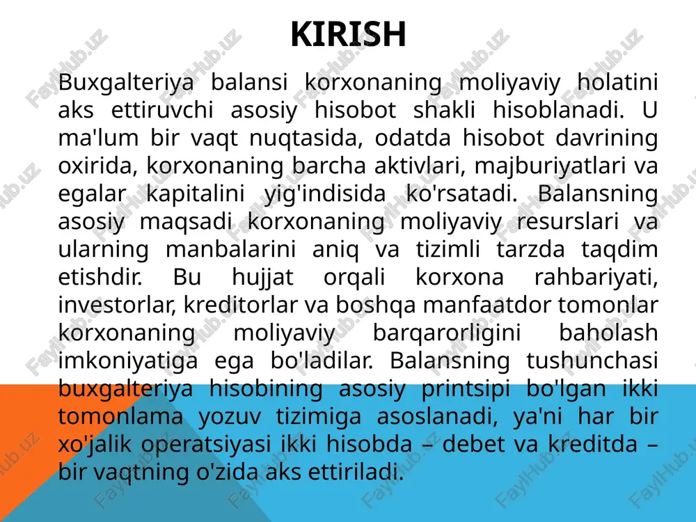hisoblanadi. u korxona rahbariyatiga resurslarni samarali taqsimlash imkonini beradi, masalan, aktivlarni optimallashtirish orqali xarajatlarni kamaytirish mumkin. balans orqali korxonaning moliyaviy holatini monitoring qilish va o'z vaqtida choralar ko'rish mumkin, masalan, agar qisqa muddatli majburiyatlar oqim aktivlaridan oshib ketsa, bu to'lov qobiliyati muammosini ko'rsatadi va qo'shimcha moliyalashtirish zaruriyatini bildiradi.balans korxonaning investitsiya va kredit siyosatini shakllantirishda muhimdir. investorlar balansni ko'rib, korxonaning kapital strukturasini baholaydilar va investitsiya qarorini qabul qiladilar. korxonaning moliyaviy barqarorligini tahlil qilish bu tahlil orqali korxona o'z majburiyatlarini bajarish qobiliyatini, resurslar taqsimlanishini va uzoq muddatli rivojlanish imkoniyatlarini baholash mumkin. moliyaviy barqarorlik korxona uchun asosiy omil bo'lib, u bozor sharoitidagi o'zgarishlarga, iqtisodiy inqirozlarga va ichki muammolarga qarshi turish darajasini belgilaydi. tahlilni amalga oshirishda korxona balansining aktiv va passiv qismlari, daromadlar va xarajatlar hisobotlari, shuningdek, pul oqimlari haqidagi ma'lumotlar asos qilib olinadi. bu ma'lumotlar korxonaning moliyaviy holatini yillar davomida solishtirish orqali dinamikada ko'rib chiqiladi, chunki statik ko'rsatkichlar faqat bir lahzani aks ettiradi, …