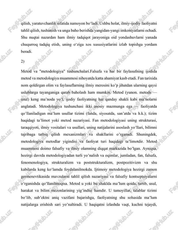 ni koʼp jihatdan ularning qaysi uslublarga tayanganiga qarab baholash ham mumkin. metod (yunon. metods — usul) keng maʼnoda yoʼl, ijodiy faoliyatning har qanday shakli kabi maʼnolarni anglatadi. metodologiya tushunchasi ikki asosiy mazmunga ega — faoliyatda qoʼllaniladigan maʼlum usullar tizimi (fanda, siyosatda, sanʼatda va h.k.); tizim haqidagi taʼlimot yoki metod nazariyasi. fan metodologiyasi uning strukturasi, taraqqiyoti, ilmiy vositalari va usullari, uning natijalarini asoslash yoʼllari, bilimni tajribaga tatbiq qilish mexanizmlari va shakllarini oʼrganadi. shuningdek, metodologiya metodlar yigindisi va faoliyat turi haqidagi taʼlimotdir. metod muammosi doimo falsafiy va ilmiy olamning diqqat markazida boʼlgan. ayniqsa, hozirgi davrda metodologiyadan turli yoʼnalish va oqimlar, jumladan, fan, falsafa, fenomenologiya, strukturalizm va poststrukturalizm, postpozitivizm va shu kabilarda keng koʼlamda foydalanilmokda. ijtimoiy metodologiya hozirgi zamon germenevtikasida mavzularni tahlil qilish nazariyasi va falsafiy kontseptsiyalarni oʼrganishda qoʼllanilmoqtsa. metod u yoki bu shaklda maʼlum qoida, tartib, usul, harakat va bilim mezonlarining yigʼindisi hamdir. u tamoyillar, talablar tizimi boʼlib, subʼektni aniq vazifani bajarishga, …