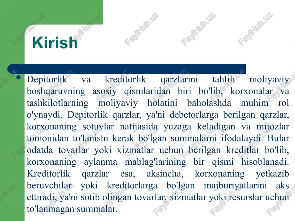 ) ulushi (%) savdo debitorligi 70 70 boshqa debitorlik qarzlar 20 20 oldindan to'langan xarajatlar 10 10 jami 100 100 kreditor qarzlarining tarkibikreditor qarzlarining tarkibi kreditor qarzlari korxonaning turli manbalardan olgan majburiyatlaridan iborat bo'lib, ularning tarkibi korxonaning faoliyat turiga, sanoat xususiyatlariga va iqtisodiy sharoitlarga bog'liq. asosiy tarkibiy qismlar orasida yetkazib beruvchilarga qarzlar, soliq majburiyatlari, xodimlarga ish haqi qarzlari, bank kreditlari va obligatsiyalar mavjud. masalan, yetkazib beruvchilarga qarzlar korxonaning xom ashyo va materiallarni sotib olish jarayonida yuzaga keladi va ular odatda qisqa muddatli bo'ladi. bu qarzlar korxonaning savdo siklini aks ettiradi, chunki yetkazib beruvchilar tovarlarni oldindan to'lovsiz yetkazib berish shartnomalarini tuzishlari mumkin. qisqa va uzoq muddatli majburiyatlarni baholash qisqa muddatli majburiyatlar korxonaning bir yil ichida qaytarilishi lozim bo'lgan qarzlarni o'z ichiga oladi va ular korxonaning likvidligini baholashda asosiy ko'rsatkichdir. bu majburiyatlar orasida yetkazib beruvchilarga qarzlar, qisqa muddatli kreditlar va soliq majburiyatlari mavjud. qisqa muddatli majburiyatlarni baholashda korxonaning joriy aktivlari bilan taqqoslash …