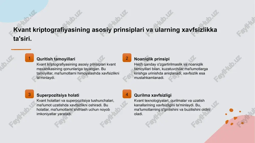bu metod, shubhasiz, zamonaviy kriptografiya asosida joylashgan. kvant kalit taqsimlash protokollarining ishlash mexanizmlari 1 qanday ishlaydi? kvant kalit taqsimlash protokollari kvant holatlari va superpozitsiya prinsiplariga asoslangan bo‘lib, o‘zaro ta’sirda bo‘lgan partiyalar orasida xavfsiz kalitlarni uzatadi. 2 xavfsizlik mexanizmlari bu protokollar hech qanday o‘zgartirilmaslik va noaniqlik prinsiplari bilan ta’minlangan bo‘lib, kuzatuvchi harakatlarni aniqlash orqali tahdidlarga qarshi kurashadi. 3 amaliy jarayonlar kalit taqsimlash jarayonida, quantum holatlar va noaniqliklar yordamida, xabar yuboruvchi va qabul qiluvchi o‘rtasida xavfsiz va ishonchli kalitlar shakllantiriladi. kvant texnologiyalar bilan taqqoslaganda an'anaviy kalit uzatish usullari 1 xavfsizlik darajasi an'anaviy kalit uzatish usullari, masalan, rsa, matematikaviy muammolarga asoslangan bo'lib, ularning buzilishi uchun kompyuter kuchi va vaqt talab etiladi. 2 texnologik rivojlanish kvant texnologiyalari esa, superpozitsiya va noaniqlik prinsiplariga asoslangan, va ularning buzilishi juda qiyin, shuning uchun yuqori xavfsizlik ta'minlaydi. 3 ishlatish imkoniyatlari an'anaviy usullar keng tarqalgan, ammo kvant kalit taqsimlash esa, ayniqsa, yuqori xavfli ma'lumotlarni uzatishda, kelajakda muhim rol o'ynashi …