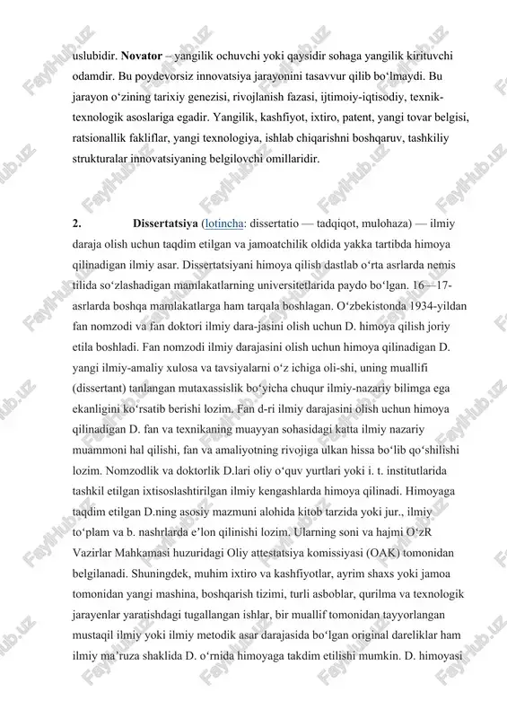etilgan d.ning asosiy mazmuni alohida kitob tarzida yoki jur., ilmiy toʻplam va b. nashrlarda eʼlon qilinishi lozim. ularning soni va hajmi oʻzr vazirlar mahkamasi huzuridagi oliy attestatsiya komissiyasi (oak) tomonidan belgilanadi. shuningdek, muhim ixtiro va kashfiyotlar, ayrim shaxs yoki jamoa tomonidan yangi mashina, boshqarish tizimi, turli asboblar, qurilma va texnologik jarayenlar yaratishdagi tugallangan ishlar, bir muallif tomonidan tayyorlangan mustaqil ilmiy yoki ilmiy metodik asar darajasida boʻlgan original dareliklar ham ilmiy maʼruza shaklida d. oʻrnida himoyaga takdim etilishi mumkin. d. himoyasi oldidan uning asosiy mazmuni va xulosalari yozilgan avtoreferat eʼlon qilinadi. himoya qilingan nomzodlik va doktorlik d.lari oak tomonidan belgilangan muddatlarda tasdiklangandan soʻng d. himoya qilgan shaxslarga davlat tomonidan tasdikdangan namunadagi diplom topshiriladi. himoya qilingan d.lar himoya oʻtgan ilmiy muassasa kutubxo-nasida, shuningdek, muayyan soha kutubxonalarida saqlanadi. oʻzrda 2000/2001 oʻquv yilidan boshlab oliy taʼlim tizimida magistrlar uchun ilmiy yoki ilmiy texnikaviy mazmundagi magistrlik d.sini himoya qilish joriy etilgan. 3. magistrlik dissertatsiyasiga qo`yiladigan …