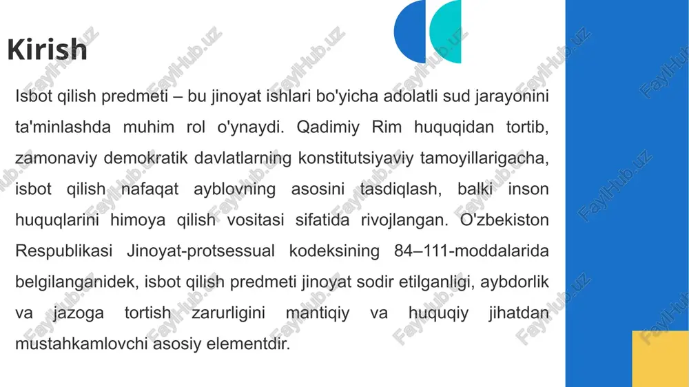 bosqich – integratsiya va tasdiqlash beshinchi bosqich – monitoring va qayta baholash daraja mezon misol yuqori to'g'ridan-to'g'ri isbot dnk tahlili o'rta bilvosita tasdiq guvoh xotirasi past qo'shimcha kontekst ijtimoiy tarmoq postlari isbot qilish vositalari huquqiy jarayonlarda yoki ilmiy munozaralarda dalillarni taqdim etish va ularni ishonchli qilish uchun isbot qilish vositalaridan foydalanish muhim ahamiyat kasb etadi. bu vositalar dalillarning kuchini oshirish, qarshi dalillarni rad etish va yakka xil xulosaga yetishga yordam beradi. isbot qilish vositalari asosan mantiqiy, empirik va huquqiy mexanizmlarga asoslanadi. dalillar turlari dalillar huquqiy, ilmiy yoki ijtimoiy jarayonlarda asosiy rol o'ynaydi va ularning turlari dalillarning xususiyatlariga va qo'llanish sohasiga qarab farqlanadi. dalillarning asosiy turlari orasida to'g'ridan-to'g'ri va bilvosita dalillarni ajratish mumkin. to'g'ridan-to'g'ri dalillar hodisani bevosita tasvirlaydi, masalan, guvohning ko'zguvohliklari yoki video yozuvlar. bu turdagi dalillar yuqori ishonchlilikka ega, chunki ular faktlarni sub'ektiv talqinsiz taqdim etadi. dalillarni baholash mezonlari birinchi asosiy mezon relevansiya, ya'ni dalilning ish mavzusiga mosligi uchinchi mezon …