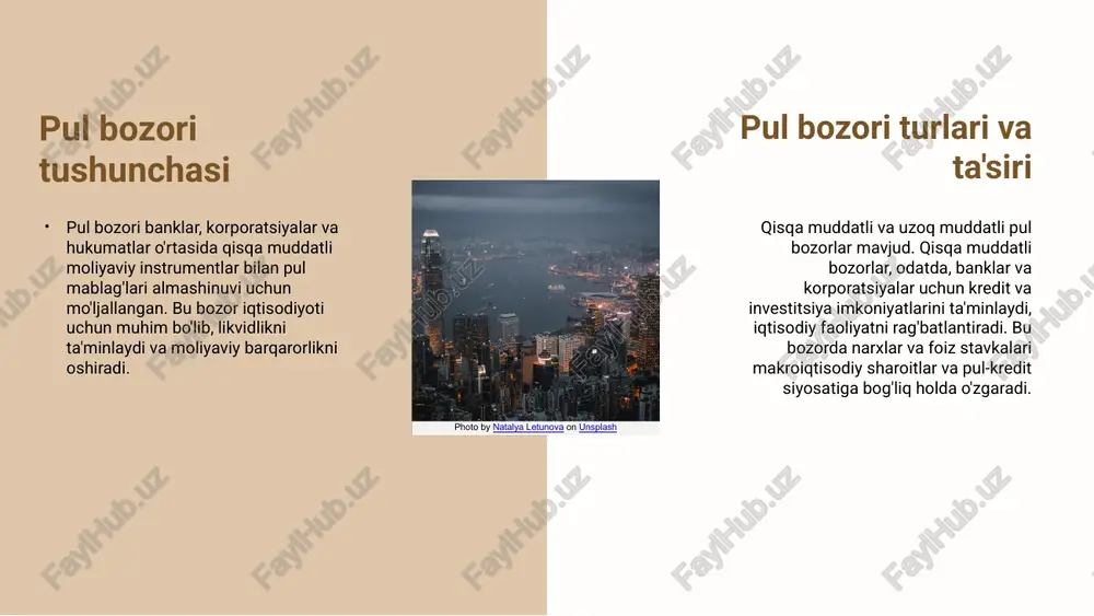 iy siyosat inflyatsiya va ishsizlikni nazorat qilishda muhimdir. ijtimoiy va iqtisodiy rivojlanishdagi roli moliyaviy munosabatlar ijtimoiy tengsizlikni kamaytiradi va infratuzilma rivojlanishini qo'llab-quvvatlaydi. ular jamiyat farovonligini oshiradi va innovatsiyalarni kengaytiradi. moliyaviy munosabatlar va iste'molchilar himoyasi kreditlar va sug'urta sohasida, moliyaviy munosabatlar iste'molchilarning huquqlarini himoya qiladi. qonunchilik va regulyatorlar orqali xavfsizlik ta'minlanadi. moliyaviy munosabatlarning ahamiyati moliyaviy munosabatlar iqtisodiy barqarorlik, ijtimoiy rivojlanish va iste'molchilar huquqlarini himoya qilishda muhim rol o'ynaydi; davlat siyosati va strategiyalarining asosiy qismi hisoblanadi. moliyaviy munosabatlar va ularning kelajagi bu slaydda moliyaviy munosabatlarning rivojlanish tendensiyalari, innovatsiyalar, globalizatsiya va kelajakdagi imkoniyatlar hamda xavflar muhokama qilinadi. moliyaviy munosabatlar rivojlanishida raqamli texnologiyalar muhim rol o'ynaydi. blockchain, elektron hamyonlar va onlayn xizmatlar tezlik, qulaylik va xavfsizlikni ta'minlaydi, bu esa iqtisodiy aloqalarni kengaytiradi. kelajakda innovatsiyalar va yangi moliyaviy instrumentlar muhim bo'ladi. xavflar, masalan, kiberxavfsizlik va moliyaviy barqarorlik muammolari bilan birga, globalizatsiya yordamida resurslar kengayadi va xalqaro hamkorlik rivojlanadi. photo by erol ahmed on unsplash pul …