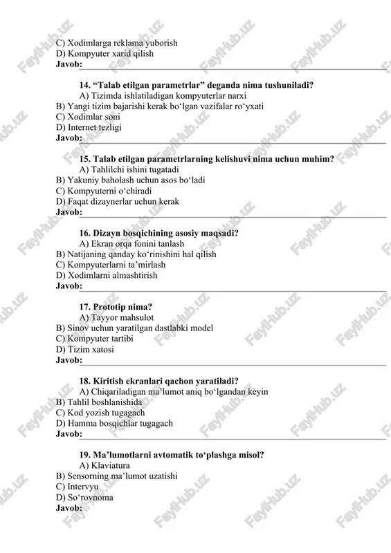 c) faqat menejer d) hech kim javob: b 25. tizimni loyihalashdan oldin nima aniqlanishi shart? a) logotip rangi b) yangi tizimga bo‘lgan talablar c) tizimga qo‘yiladigan parol d) elektron pochta javob: b nachalo formi konets formi