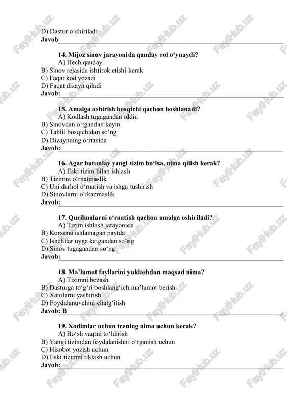 hi javob: c 25. agar sinov natijalari qoniqarli bo‘lsa, nima qilinadi? a) tizim o‘chiriladi b) yangi sinovlar boshlanadi c) mahsulot qabul qilinadi va keyingi bosqichga o‘tiladi d) tizim qayta yoziladi javob: c