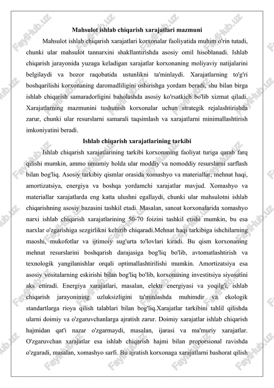ism korxonaning mehnat resurslarini boshqarish darajasiga bog'liq bo'lib, avtomatlashtirish va texnologik yangilanishlar orqali optimallashtirilishi mumkin. amortizatsiya esa asosiy vositalarning eskirishi bilan bog'liq bo'lib, korxonaning investitsiya siyosatini aks ettiradi. energiya xarajatlari, masalan, elektr energiyasi va yoqilg'i, ishlab chiqarish jarayonining uzluksizligini ta'minlashda muhimdir va ekologik standartlarga rioya qilish talablari bilan bog'liq.xarajatlar tarkibini tahlil qilishda ularni doimiy va o'zgaruvchanlarga ajratish zarur. doimiy xarajatlar ishlab chiqarish hajmidan qat'i nazar o'zgarmaydi, masalan, ijarasi va ma'muriy xarajatlar. o'zgaruvchan xarajatlar esa ishlab chiqarish hajmi bilan proporsional ravishda o'zgaradi, masalan, xomashyo sarfi. bu ajratish korxonaga xarajatlarni bashorat qilish va nazorat qilish imkonini beradi, shuningdek, breyk-even nuqtani hisoblashda foydalaniladi. tarkibiy tahlil korxonaning moliyaviy hisobotlarida aks etadi va bu ma'lumotlar asosida xarajatlarni kamaytirish strategiyalari ishlab chiqiladi.xarajatlar tarkibini batafsil ko'rib chiqishda korxonaning sanoat turini hisobga olish kerak. masalan, qishloq xo'jaligi korxonalarida xarajatlar tarkibida urug'lar, o'g'itlar va suv ta'minoti ustunlik qiladi, sanoatda esa mashina va uskunalar xarajatlari. tarkibiy o'zgarishlar bozor sharoitlariga, inflyatsiyaga …