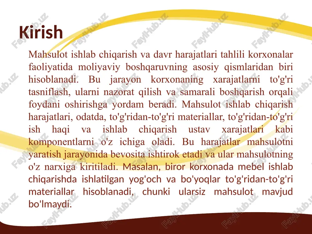 olinadi. to'g'ridan-to'g'ri xarajatlar alohida mahsulotga bog'lanadi, bilvosita xarajatlar esa taqsimlash usullari orqali. bu hisoblash korxonaning moliyaviy hisobotlarida aks etadi va soliq hisobida muhimdir.xarajatlarning tannarxdagi o'rnini tahlil qilishda breyk-even tahlili foydalaniladi, u xarajatlar va daromadlarning tenglanish nuqtasini belgilaydi. davr xarajatlari tushunchasi davr xarajatlari korxona faoliyatida muhim o'rin egallaydi va buxgalteriya hisobida asosiy elementlardan biri hisoblanadi. ular korxonaning ma'lum bir davr ichida sodir bo'lgan xarajatlarini ifodalaydi, bu xarajatlar to'g'ridan-to'g'ri ishlab chiqarish jarayoni bilan bog'liq bo'lmagan, balki umuman korxona faoliyatini qo'llab-quvvatlovchi harakatlarga sarflanadi. buxgalteriya standartlariga ko'ra, davr xarajatlari korxonaning moliyaviy hisobotlarida to'g'ridan-to'g'ri foyda va zararlar hisobida aks ettiriladi, ya'ni ular ishlab chiqarish xarajatlaridan farqli o'laroq, mahsulot tannarxiga kiritilmaydi. bu tushunchani to'liq anglash uchun shuni ta'kidlash lozimki, davr xarajatlari korxonaning qisqa muddatli operatsion faoliyatini ta'minlashga qaratilgan va ularning miqdori korxona samaradorligiga bevosita ta'sir ko'rsatadi. ma’muriy, savdo va boshqa davr xarajatlari ma'muriy xarajatlar davr xarajatlari ichida eng muhim qismlardan birini tashkil etadi va ular korxonaning …
