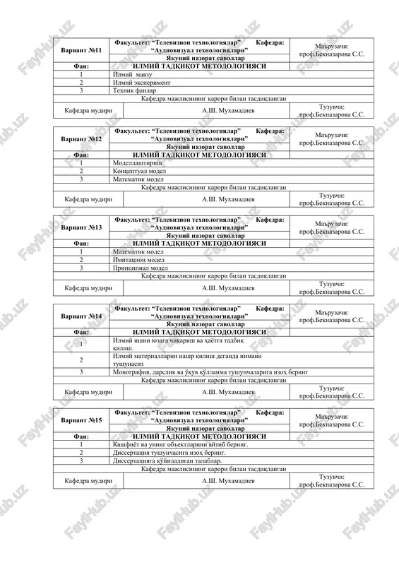 ra: “audiovizual texnologiyalari” ma'ruzachi: prof.beknazarova s.s. yakuniy nazorat savollar fan: ilmiy tadqiqot metodologiyasi 1 modellashtirish 2 kontseptual model 3 matematik model kafedra majlisining qarori bilan tasdiqlangan kafedra mudiri a.sh. muxamadiev tuzuvchi: prof.beknazarova s.s. variant №13 fakultet: “televizion texnologiyalar” kafedra: “audiovizual texnologiyalari” ma'ruzachi: prof.beknazarova s.s. yakuniy nazorat savollar fan: ilmiy tadqiqot metodologiyasi 1 matematik model 2 imitatsion model 3 printsipial model kafedra majlisining qarori bilan tasdiqlangan kafedra mudiri a.sh. muxamadiev tuzuvchi: prof.beknazarova s.s. variant №14 fakultet: “televizion texnologiyalar” kafedra: “audiovizual texnologiyalari” ma'ruzachi: prof.beknazarova s.s. yakuniy nazorat savollar fan: ilmiy tadqiqot metodologiyasi 1 ilmiy ishni yuzaga chiqarish va hayotga tadbiq qilish. 2 ilmiy materiallarni nashr qilish deganda nimani tushunasiz 3 monografiya, darslik va o'quv qo'llanma tushunchalariga izoh bering kafedra majlisining qarori bilan tasdiqlangan kafedra mudiri a.sh. muxamadiev tuzuvchi: prof.beknazarova s.s. variant №15 fakultet: “televizion texnologiyalar” kafedra: “audiovizual texnologiyalari” ma'ruzachi: prof.beknazarova s.s. yakuniy nazorat savollar fan: ilmiy tadqiqot metodologiyasi 1 kashfiyot va uning …
