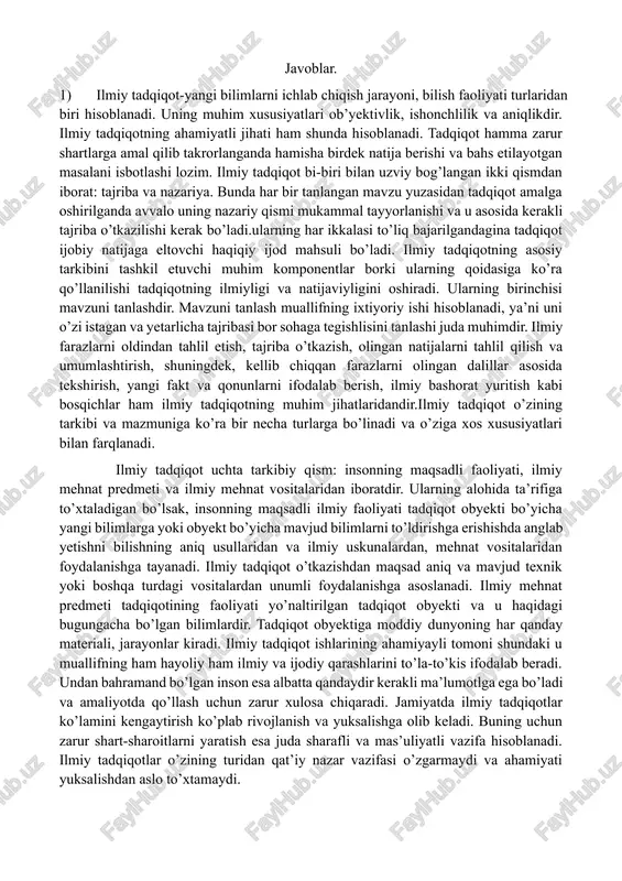 ni ochib berish va yangi nazoratlar yaratishdir. undan asosiy ko’zlanadigan maqsad tadqiqot jarayonidagi yangiliklarning har tomonlama izchillik bilan o’rganilishi va mustahkamlanishini ta’minlashdir. masalan, sohalar bo’yicha ilmiy izlanishlarni mavjud bilimlar natijasida o’tkazish va yangiliklarni shakllantirishdir. amaliy tadqiqotlar texnika sohasida yangi ishlab chiqarish vositalarini,iste’mol mahsulotlarini va boshqalarni yaratish yoki mavjudlarini takomillashtirishga yo‘naltirilgan bo‘lib, uni maqsadi fundamental tadqiqotlarda to‘plangan ilmiy omillarni amaliy tadqiqotlar orqali o‘z o‘rniga qo‘yishdir. nazariyada olingan bilimlarni amaliyotda qo’llanilishida amaliy tadqiqot turi namoyon bo’ladi. ilmiy tadqiqotdan ham ko’zlangan maqsad o’zi shundaki, topilgan yangilik albatta amaliyotda qo’llanilish uchun foydali bo’lishi zarur. ishlanmalar yoki loyiha-konstruktorlik ishlari (lki) amaliy tadqiqotlar natijalarini (masalan texnika sohasida) texnik yechimlarni (mashina, qurilma, material, mahsulot) ishlab chiqarish texnologiyalarini tajriba nusxalarini yaratish va sinab ko‘rish, yangiliklarni takomillashtirishda foydalanishga qaratilgan ilmiy tadqiqotning yakuniy qismidir. ishlanmalar yuqoridagi turlarning yakuniy qismi desak bo’ladi. chunki u barcha jarayonlarni mantiqiy ravishda jamlovchisidir. ilmiy tadqiqot maqsadi, amalga oshirish xususiyati va tatbiq qilish sohalariga qarab bir …