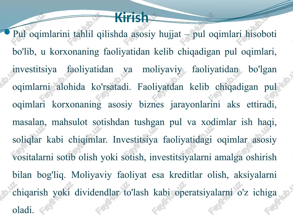 iqadi va ular korxonaning daromadlilik darajasini ko'rsatadi. masalan, tovarlar va xizmatlarni sotishdan tushgan pul kirimi operatsion oqimlarning asosiy qismini tashkil etadi. shu bilan birga, xom ashyo sotib olish, ish haqi to'lash, kommunal xizmatlar uchun to'lovlar kabi chiqimlar ham operatsion faoliyatga kiradi. musbat va manfiy pul oqimlari xususiyatlari musbat pul oqimlari korxonaga pul mablag'larining kirimini bildiradi va ular korxonaning likvidligini oshiradi. bu oqimlarning asosiy xususiyati shundaki, ular korxonaning moliyaviy resurslarini ko'paytiradi va ichki o'sish imkoniyatlarini yaratadi. masalan, operatsion faoliyatda musbat oqimlar tovar sotishdan tushgan pul orqali yuzaga keladi, bu esa korxonaning daromadlarini oshiradi. investitsion faoliyatda musbat oqimlar aktivlarni sotishdan kelib chiqadi, masalan, eski uskunalar yoki mulkni sotish orqali. moliyaviy faoliyatda esa aksiyalar chiqarish yoki kredit olish musbat oqimlarni yaratadi. real sektor korxonalarida pul oqimlari tuzilishi real sektor korxonalarida pul oqimlari tuzilishi korxonaning ishlab chiqarish, qayta ishlash yoki savdo faoliyatiga asoslanib shakllanadi. bu korxonalar, masalan, sanoat, qishloq xo'jaligi yoki qurilish sohasidagi korxonalar, …