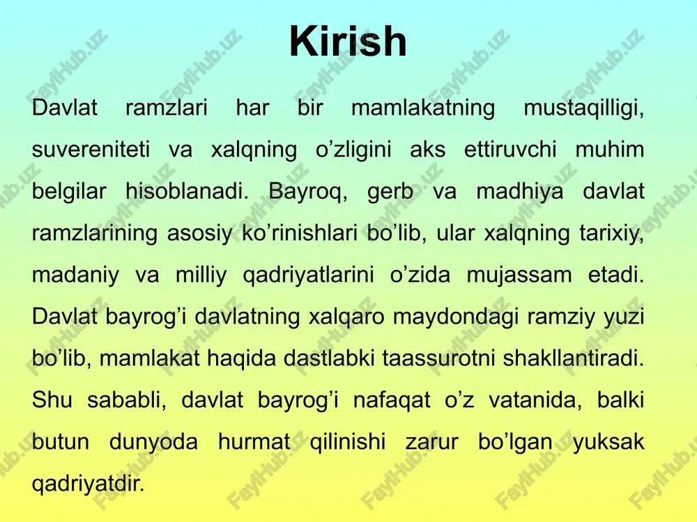l rangdor boʻlaklarga boʻlingan. ular: yorqin moviy, oq, yorqin yashil. bu boʻlaklar orasini ikkita qizil rangdagi gorizontal chiziqlar ajratib turadi.oʻzbekiston bayrogʻi ramzi mamlakat hududida ilgari mavjud boʻlgan gʻoyat qudratli saltanatlar bayroqlariga xos boʻlgan eng yaxshi anʼanalarni davom ettirgan holda respublika tabiatiga xos xususiyatlarni, xalqning milliy va madaniy oʻzligini ham aks ettiradi. oʻzbekiston hududlarining bayroqlari qoraqalpogʻiston respublikasining bayrogʻi o’zbekiston respublikasining davlat bayrog’i — bayroqning butun uzunligi bo’ylab o’tgan to’q moviy rang, oq rang va to’q yashil rangli uchta endan tarkib topgan to’g’ri to’rtburchak shaklidagi matodir.davlat bayrog’ining uzunligi 250 santimetrga, kengligi 125 santimetrga teng. moviy rang, oq rang va yashil rangli enlarning kengligi bir xil. har bir en 40 santimetrga tengdir. o’zbekiston respublikasi davlat bayrog’ining o’rtasidagi oq rangli enning chetlaridan kengligi 2,5 santimetrga teng qizil hoshiyalar o’tkazilgan. xulosa davlat bayrog’i har bir millat uchun g’urur va birlik ramzi hisoblanadi. o’zbekiston respublikasi bayrog’i xalqning mustaqilligini, tarixiy merosini va zamonaviy intilishlarini o’zida aks ettirgan …