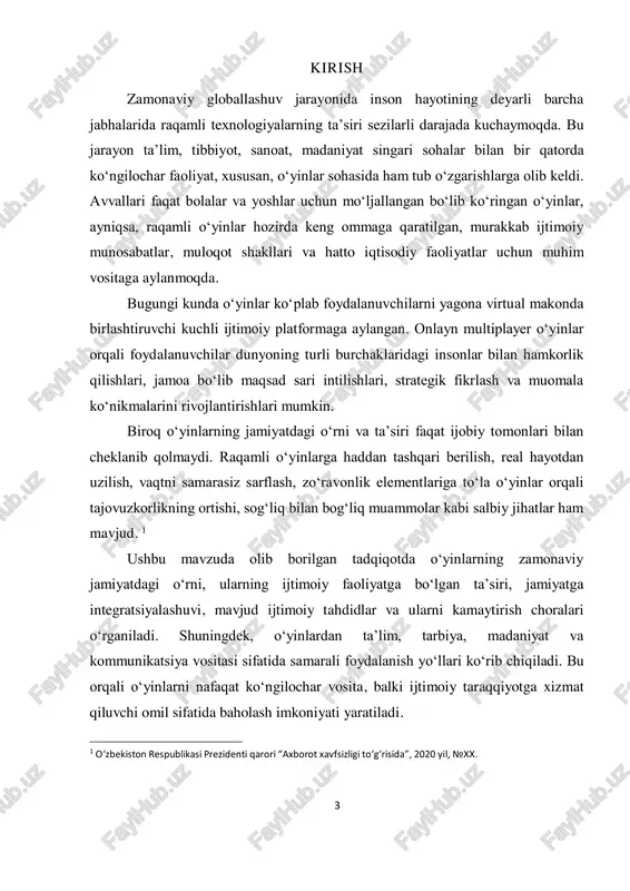 lishi bilan ular shunchaki ko‘ngilochar vosita bo‘lishdan chiqib, kuchli ijtimoiy platformaga aylandi. masalan, onlayn multiplayer o‘yinlar (fortnite, pubg, minecraft, va boshqalar) orqali turli mamlakatlardan bo‘lgan foydalanuvchilar o‘zaro tanishadi, jamoaviy harakat qiladi, strategik reja tuzadi va bu orqali real hayotdagi ijtimoiy faoliyat ko‘nikmalarini shakllantiradi. aynan shu jihati bilan o‘yinlar bugungi kunda jamiyatda ijtimoiy faollikni oshiruvchi vosita sifatida qaralmoqda. bundan tashqari, o‘yinlar orqali shaxsiy identitet, jamoaviylik, ijtimoiy mas’uliyat, empatiya kabi qadriyatlar shakllanadi. ba’zi o‘yinlar ta’limiy yoki psixologik maqsadlarda qo‘llanilib, bolalar va o‘smirlar uchun ijtimoiy muhitga moslashishda yordam beradi. shuningdek, o‘yinlar maxsus ehtiyojga ega insonlar uchun ham kommunikatsiya va integratsiya vositasi bo‘lib xizmat qilishi mumkin. o‘yinlarning yana bir muhim ijtimoiy vazifasi — ijtimoiy stressni kamaytirish va dam olish imkoniyatini yaratishdir. zamonaviy hayotdagi tezkor ritm, axborot bosimi va turli muammolar fonida o‘yinlar insonlarga ruhiy yengillik va vaqtincha bo‘lsa-da, real hayot muammolaridan chalg‘ish imkonini beradi. shu 5 bilan birga, ular ijodiy fikrlash, muammolarni hal qilish, …