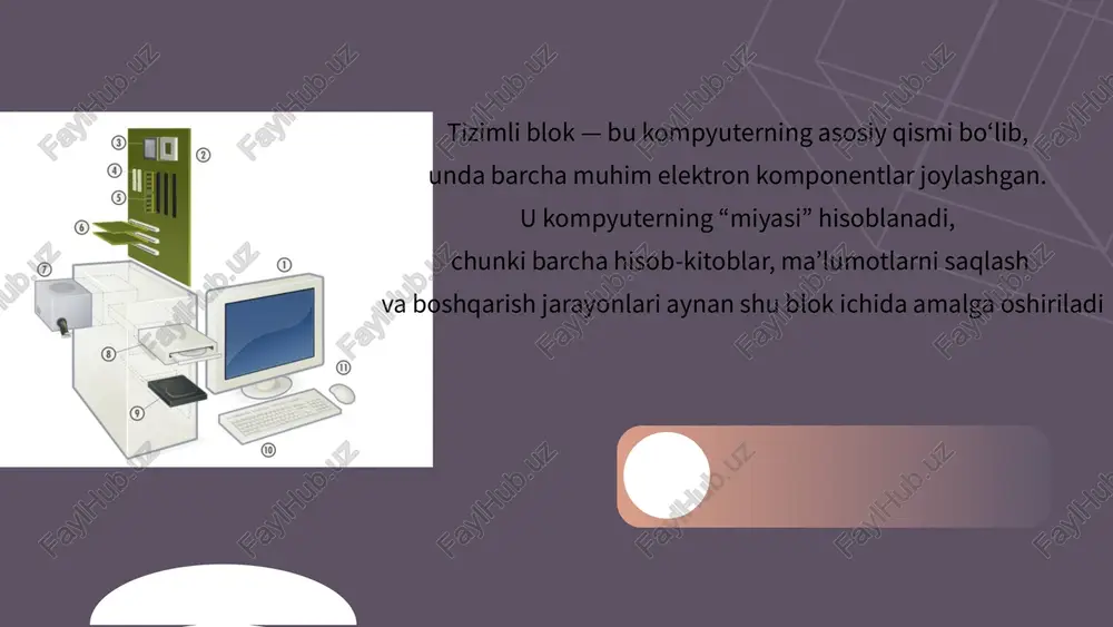 ida chip yoki cpu ichida misol intel core i7 nvidia gpu, fpu, tpm 🧩 xulosa: protsessor — bu kompyuterning markaziy boshqaruv va hisoblash moslamasi. soprotsessor — bu unga yordamchi qurilma bo‘lib, maxsus hisob-kitoblarni tez va samarali bajaradi. zamonaviy kompyuterlarda ko‘p hollarda soprotsessorlar protsessor ichiga joylashtirilgan (masalan, fpu, gpu). xotira — bu ma’lumotlar, buyruqlar va dasturlarni saqlaydigan qurilma yoki joydir. kompyuterning xotirasi inson miyasiga o‘xshaydi — ya’ni u ma’lumotni saqlaydi, eslab qoladi va kerak paytda qayta ishlatadi. kompyuter ishlashi davomida har qanday amal (hisoblash, yozish, chizish, dastur bajarish) xotiraga murojaat qilish orqali amalga oshiriladi. 🧩 xotiraning asosiy vazifalari: 1. ma’lumotlarni saqlash – dastur va foydalanuvchi kiritgan axborotni saqlaydi. 2. buyruqlarni bajarish – protsessorga kerakli ma’lumotni uzatadi. 3. natijani saqlash – bajarilgan amal natijasini vaqtincha yoki doimiy saqlaydi. 4. ma’lumotlarni qayta ishlashni tezlashtirish – tezkor xotira orqali ishlov jarayonini tez bajaradi. xotira — bu kompyuterning eng muhim qismi, u ma’lumotni saqlash, eslab …