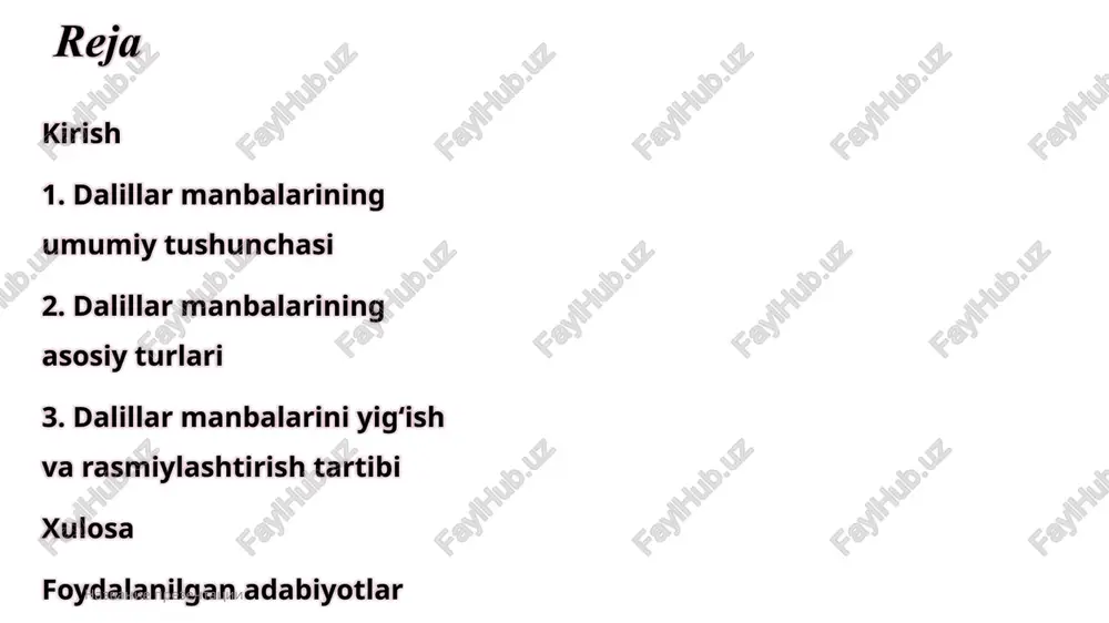 ari asosan aybni isbotlash va jazoga asos topishga qaratilgan bo'lib, jpkning vi bobida (81-95-moddalar) batafsil tartibga solingan. bu yerda manbalar tergov bosqichida (so'roq, tintuv, ekspertiza – jpk 172-187-moddalar) va sud muhokamasida (og'zaki tekshirish – jpk 439-moddasi) farqlanadi. 9 9 jinoyat ishi ko‘rib chiqish jarayonida dalillar manbalarining roli beqiyosdir. ular jinoyat sodir etilganligini isbotlash, aybdorning shaxsini aniqlash va sodir etilgan jinoyatning holatlarini to‘liq ochib berishga xizmat qiladi. dalillar manbalarini tasniflash jinoyat-protsessual qonunchilikka asoslangan bo‘lib, ularning har biri o‘ziga xos xususiyatlarga ega. bu tasnif nafaqat tergov organlariga, balki sud va boshqa huquqni muhofaza qilish institutlariga dalillarning qonuniyligi va ishonchliligini baholashda yordam beradi. dalillar manbalarining asosiy turlari 10 dalillar manbalarining asosiy turlari 11 11 asosiy tasnif mezonlari shaxsiy manbalar: gumonlanuvchi va ayblanuvchi ko‘rsatmalari yozma manbalar: hujjatlar, shartnomalar, bayonnomalar og‘zaki manbalar: guvoh ko‘rsatmalari, jabrlanuvchi ko‘rsatmalari, ekspert xulosasi elektron dalillar: raqamli fayllar, elektron yozishmalar, videoyozuvlar nazvanie prezentatsii 12 dalillar manbalarini yig‘ish va rasmiylashtirish tartibi dalillar …