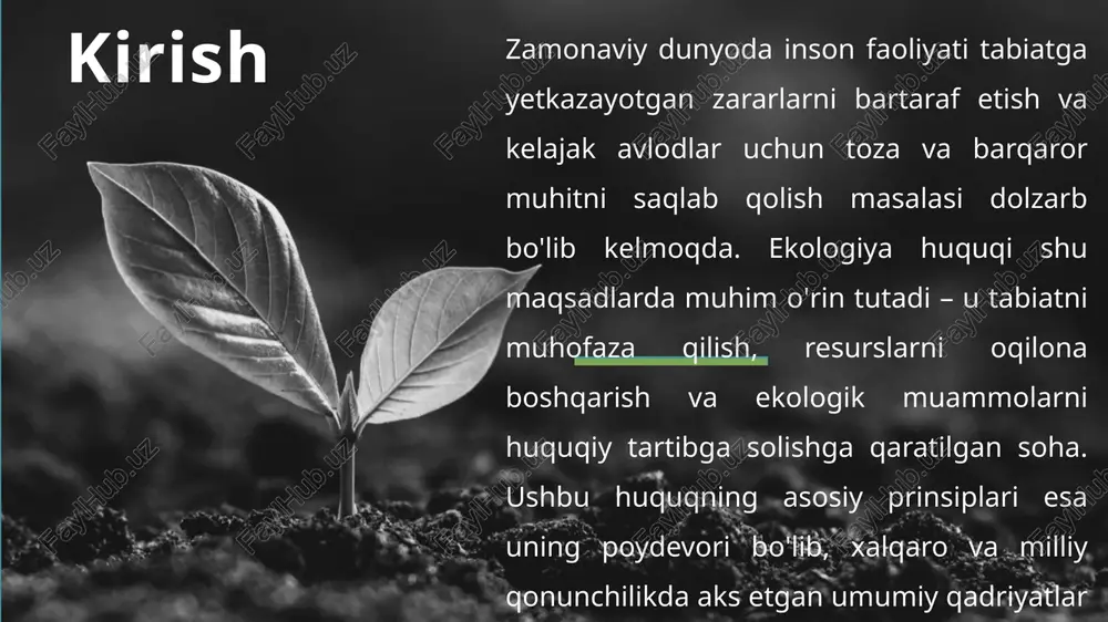 rga chidamliligini va genetik xilma-xillikni hisobga oladi. o'zbekiston respublikasida bu prinsip konstitutsiyaning 55-moddasida ifodalangan bo'lib, unda yer, yer osti boyliklari, suvlar va boshqa tabiiy resurslar umummilliy boylik sifatida belgilangan va ularning oqilona foydalanishi davlat muhofazasi ostida ekanligi ta'kidlangan 11 ekologiya huquqining asosiy prinsiplari № prinsip nomi mazmuni amaldagi qo‘llanilishi 1 barqaror rivojlanish prinsipi ekologik, ijtimoiy va iqtisodiy manfaatlarning uyg‘unligini ta’minlash davlat strategiyalari, ekologik siyosat, resurslarni tejash siyosati 2 atrof-muhitni muhofaza qilish ustuvorligi barcha iqtisodiy faoliyatda ekologik xavfsizlik birinchi o‘ringa qo‘yiladi qurilish, sanoat, transport loyihalarini baholashda 3 oqilona foydalanish prinsipi tabiiy resurslardan me’yorida va samarali foydalanish suv, yer, yer osti boyliklarini boshqarish tizimi 4 oldini olish (profilaktika) prinsipi zarar yetkazilgandan keyin emas, avvaldan choralar ko‘rish ekologik ekspertiza, xavf tahlili, monitoring 5 “ifloslantiruvchi to‘laydi” prinsipi atrof-muhitga zarar yetkazgan subyekt xarajatni qoplaydi chiqindi tozalash, ekologik to‘lovlar, kompensatsiya 6 jamoatchilik ishtiroki prinsipi ekologik qarorlarda aholining fikrini hisobga olish jamoatchilik eshituvlari, aarhus konvensiyasi 7 oshkoralik …