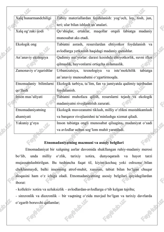iatga moslashuvchanlik – geografik muhitga qarab shakllangan hayot tarzi va dunyoqarash.o‘zbek xalqining etnomadaniyati, masalan, cho‘l-dasht va vohalarning o‘ziga xos sharoitida rivojlanganligi sababli, suv, yer va osmon unsurlari markaziy o‘rin tutadi. bular nafaqat moddiy ehtiyojlar manbai, balki ma’naviy timsollar sifatida ham qadrlanadi. qadimiy jamiyatlarda tabiat bilan bog‘liq dunyoqarashlar qadimiy o‘zbek ajdodlari – sug‘dlar, xorazmliklar, so‘g‘dlar va turkiy qabilalar tabiatni jonli mavjudot sifatida qabul qilganlar. ular uchun quyosh (kuyosh-ota), oy (oy-ona), yer (yer-ona), suv (anahita yoki suvarak) muqaddas ruhlar edi. bu dunyoqarash animizm va totemizmga asoslangan bo‘lib, har bir daryo, tog‘ yoki daraxt o‘z “egasi”ga ega deb hisoblangan.masalan, amudaryo “oxus” (oqsaroy – oq saroy) deb atalgan va unga sig‘inish marosimlari o‘tkazilgan. zaratushtra ta’limotining qoldiqlari ham o‘zbek xalq e’tiqodlarida saqlanib qolgan: olov – poklik ramzi, suv – hayot manbai sifatida ulug‘lanadi. bu e’tiqodlar keyinchalik islom bilan uyg‘unlashib, “suvga tupurmaslik”, “olovga tupurmaslik” kabi qat’iy qoidalar shaklida davom etgan. milliy an’ana, urf-odat va qadriyatlarning shakllanishida …
