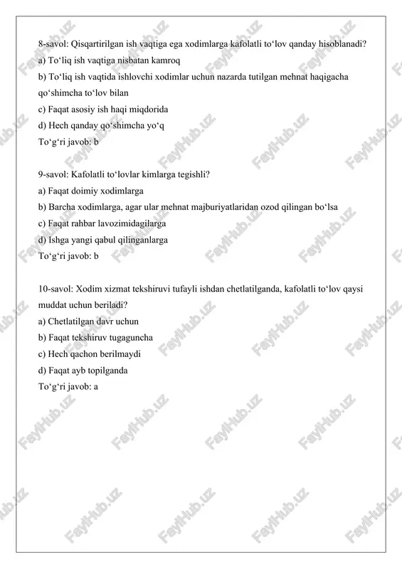 ech qanday to‘lov yo‘q b) o‘rtacha ish haqi miqdorida c) faqat ta’til kunlari uchun d) ish beruvchining ixtiyoriga qarab to‘g‘ri javob: b 6-savol: xodim guvoh sifatida sudga chaqirilganda, ish beruvchi qanday majburiyatga ega? a) xodimni ishdan bo‘shatishi mumkin b) xodimni ishdan ozod etishi va o‘rtacha oylik ish haqi saqlanishini ta’minlashi c) faqat ta’til berishi d) hech qanday majburiyat yo‘q to‘g‘ri javob: b 7-savol: qon va uning tarkibiy qismlarini topshirganda xodimlarga kafolatli to‘lovlar beriladimi? a) yo‘q, bu majburiy emas b) ha, beriladi c) faqat rahbarlarga d) faqat vaqtinchalik ishchilarga to‘g‘ri javob: b 8-savol: ish vaqtidan tashqari ish uchun kafolatli qo‘shimcha to‘lov qanday? a) oddiy stavkada b) oshirilgan miqdorda haq to‘lanadi c) hech qanday qo‘shimcha yo‘q d) faqat oylik hisob-kitobda to‘g‘ri javob: b 9-savol: kafolatli to‘lovlar o‘zbekiston respublikasi mehnat kodeksining qaysi bo‘limiga kiradi? a) umumiy qoidalar bo‘limiga b) kafolatli to‘lovlar va kompensatsiya to‘lovlari bo‘limiga c) ishga joylashtirish bo‘limiga d) mehnat shartnomasi bo‘limiga …