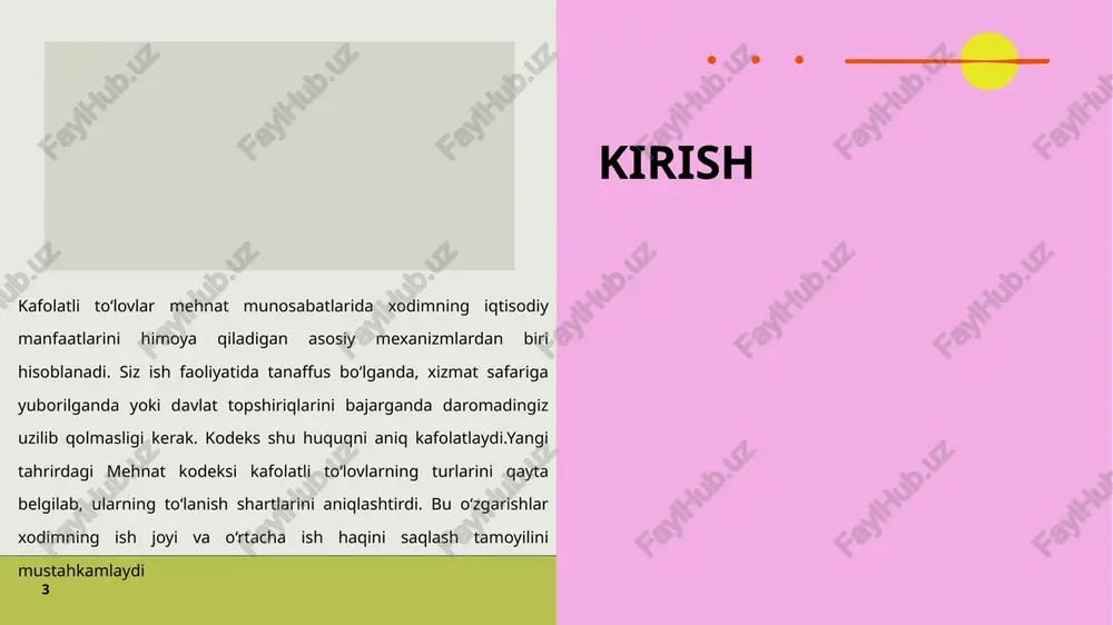 arishdan ozod qilingan yoki ixtiyoriga zid ravishda ish vaqtini yo‘qotgan holatlarda uning moddiy ahvolini saqlab qolishga xizmat qiladi. o‘zbekiston respublikasining mehnat kodeksiga muvofiq, kafolatli to‘lovlar xodimning o‘rtacha ish haqi asosida hisoblanadi va ish beruvchi tomonidan belgilangan muddatlarda to‘lanishi shart. o‘rtacha ish haqini hisoblashning amaldagi tartibi o‘rtacha ish haqini hisoblash mehnat to‘lovlarining asosiy ko‘rsatkichi bo‘lib, u kafolatli to‘lovlar, ta’til haqlari, ishdan bo‘shatish kompensatsiyalari va boshqa ijtimoiy kafolatlar uchun qo‘llaniladi. mehnat kodeksining 155-161-moddalariga ko‘ra, o‘rtacha ish haqi xodimning so‘nggi 12 oylik davr ichidagi haqiqiy ishlangan vaqti va ishlab topilgan ish haqi yig‘indisi asosida aniqlanadi. bu davr ichida xodimning asosiy ish haqi, qo‘shimcha to‘lovlar, mukofotlar va boshqa daromadlar hisobga olinadi, ammo bir martalik to‘lovlar, masalan, moddiy yordam yoki sovg‘alar, hisoblashdan chiqarib tashlanadi. 10 kafolatli to‘lovlarning turlari va ularni qo‘llash holatlari 11 kafolat turi qo‘llanadigan holatlar huquqiy asos (mk yangi tahriri) to‘lov tartibi o‘rtacha ish haqi saqlanishi xizmat safariga yuborilganda mk — xizmat safari …