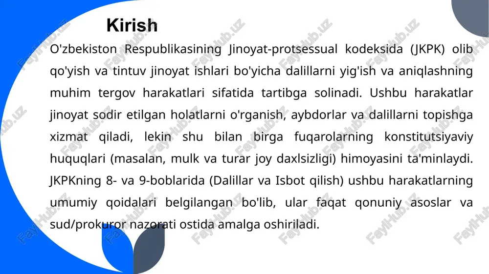 atlari shaxsning shaxsiy daxlsizligi va erkinligini vaqtincha cheklash orqali dalillarni toʻplashga xizmat qiladi. oʻzbekiston respublikasi jinoyat-protsessual kodeksining (keyingi oʻrinlarda – jpk) tegishli moddalarida batafsil tartibga solingan ushbu harakatlar jinoyatlarni ochish, gumon qilinuvchilarni aniqlash va isbot qilish jarayonida asosiy oʻrin tutadi. olib qoʻyish asosan shaxsiy tintuv va shaxsni vaqtincha ushlab turishni nazarda tutsa, tintuv joy, bino, transport vositalari yoki narsalarni tekshirishga yoʻnaltirilgan. 11 ko‘rsatkich olib qo‘yish tintuv maqsad ma’lum ashyoni olish yashirin dalillarni topish asos sud qarori yoki favqulodda holat sud ruxsati yoki zudlik jarayon oldindan ma’lum manzil va narsa yashirin narsalarni izlash guvoh ishtiroki talab qilinishi mumkin majburiy rasmiylashtirish bayonnoma, ro‘yxat bayonnoma, topilmalar ro‘yxati inson huquqlari talablar xabardor qilish shaxs daxlsizligi kafolatlari protsessual tartibdagi farqlar protsessual tartib jihatidan olib qoʻyish va tintuv oʻrtasidagi farqlar jpkning tegishli moddalarida batafsil bayon etilgan boʻlib, ularning har biri oʻziga xos bosqichlarga ega. olib qoʻyish jpkning 157-165-moddalarida tartibga solingan boʻlib, u asosan shaxsiy tintuvdan iborat: …
