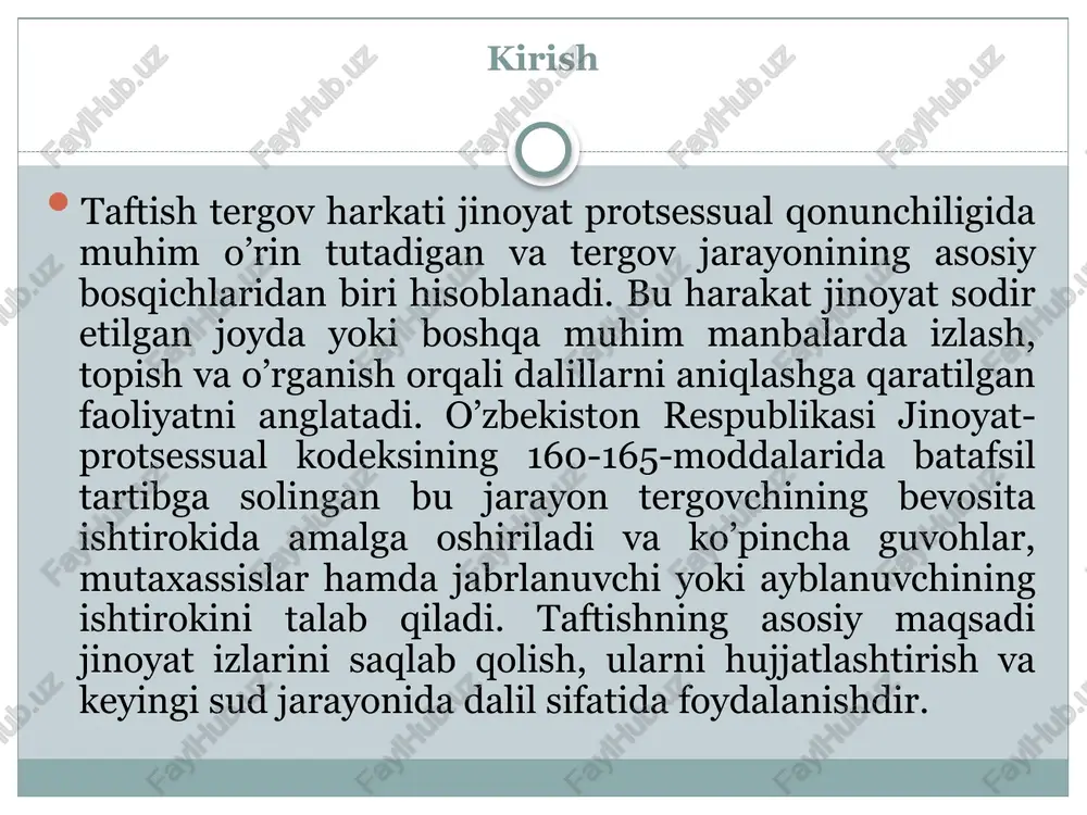ngdek, jinoyat izlari saqlanib qolgan boshqa joylarda o’tkaziladi. taftish tergov harakatining huquqiy asoslari o’zbekiston respublikasining jinoyat-protsessual qonunchiligida taftish tergov harakati jinoyat ishlarini ochish, tergov qilish va hal etish jarayonining muhim bosqichlaridan biri sifatida belgilangan. bu harakat jinoyat sodir etilgan joyda, shuningdek, jinoyat izlari saqlanib qolishi mumkin bo’lgan boshqa joylarda amalga oshiriladi va uning asosiy maqsadi jinoyat hodisasini aniqlash, dalillarni to’plash, shuningdek, jinoyatning holatlari va sabablarini ochib berishdan iborat. taftish tergov harakati jinoyat-protsessual kodeksining maxsus normalari bilan tartibga solinadi, bu normalar esa tergov organlarining faoliyatini huquqiy jihatdan ta’minlaydi va ishtirokchilarning huquqlarini himoya qiladi. jinoyat-protsessual kodeksidagi normalar jinoyat-protsessual kodeks taftish tergov harakatini o’tkazish tartibini batafsil belgilaydi. kodeksning 164-moddasiga ko’ra, taftish jinoyat ishini qo’zg’atishdan oldin yoki qo’zg’atilgandan keyin amalga oshirilishi mumkin, ammo har ikki holatda ham qonun talablariga rioya etilishi shart. taftishning asosiy shakllari joyni ko’zdan kechirish, narsalarni tekshirish va hujjatlarni o’rganishni o’z ichiga oladi. bu jarayonda tergovchi yoki prokuror jinoyat izlarini, qurollarni, …